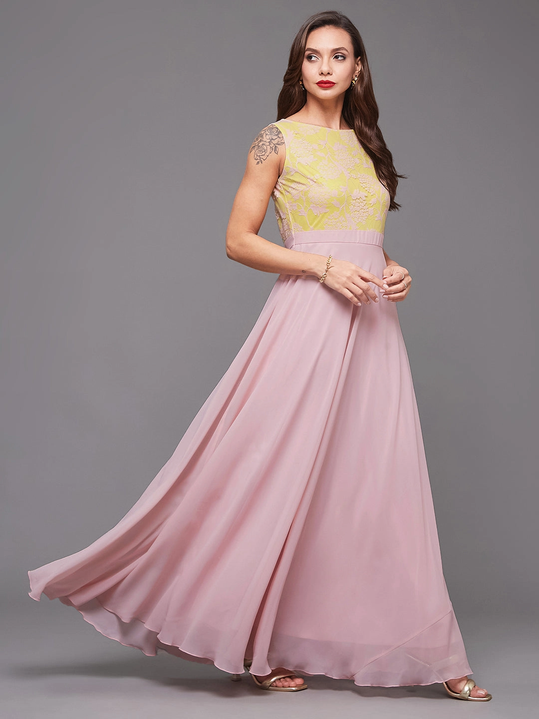 Breezy Style Polished Form Women's Dusty Pink Boat Neck Sleeveless Self Design Lace Overlaid Georgette Maxi Dress