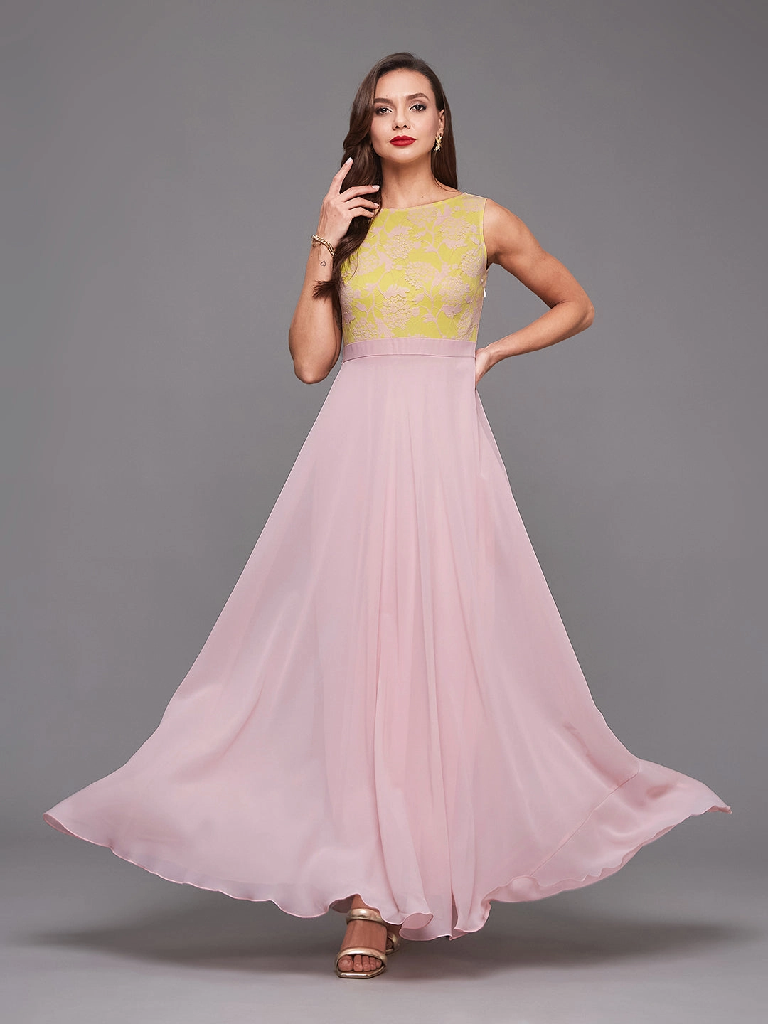 Women's Dusty Pink Boat Neck Sleeveless Self Design Lace Overlaid Georgette Maxi Dress Romantic-Detail Air Touch