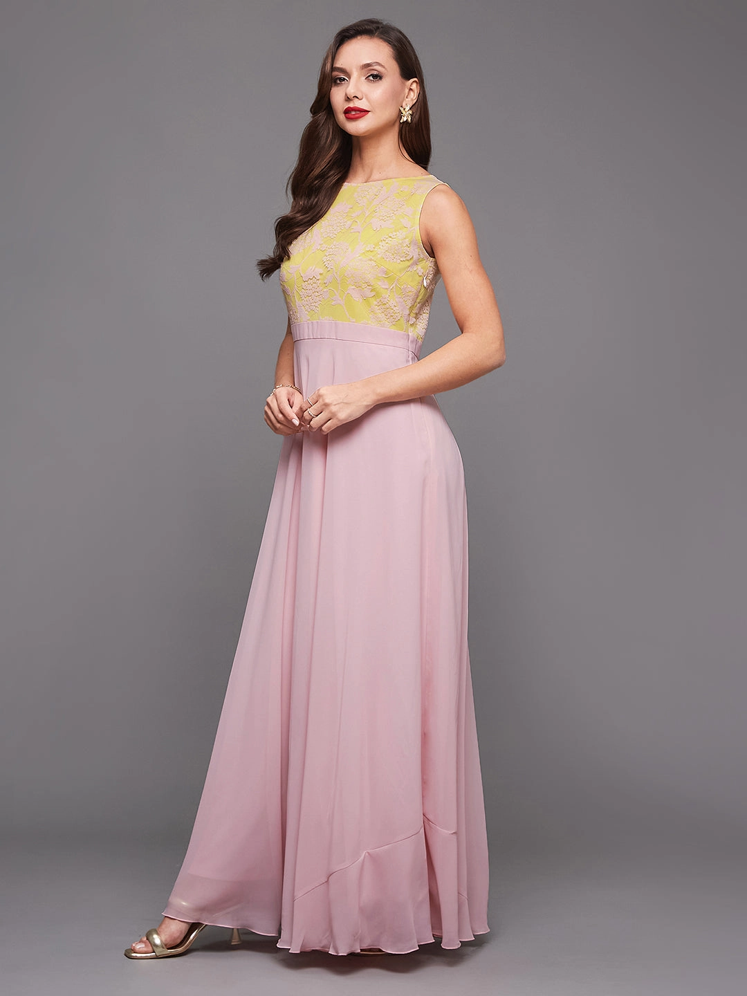 Saturated Hue Women's Dusty Pink Boat Neck Sleeveless Self Design Lace Overlaid Georgette Maxi Dress