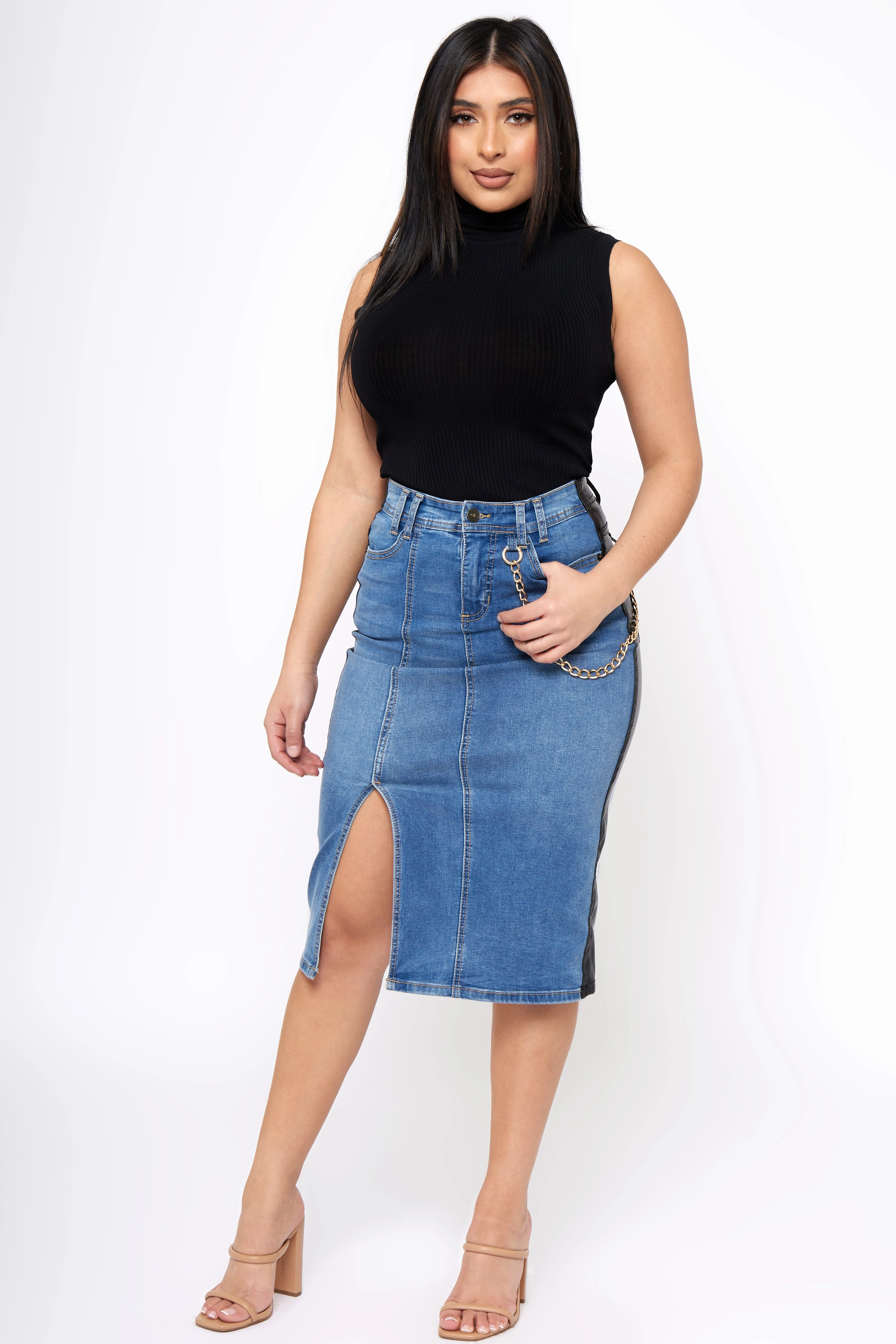 Bad Habits - Denim & Leather Midi Skirt Crafted Detail