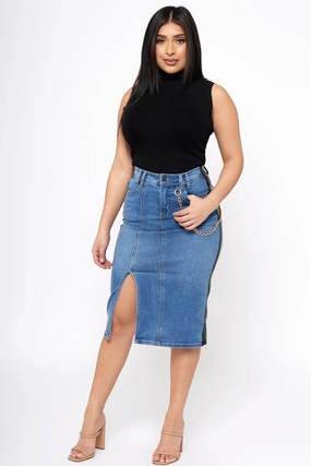 Bad Habits - Denim & Leather Midi Skirt Seasonal special