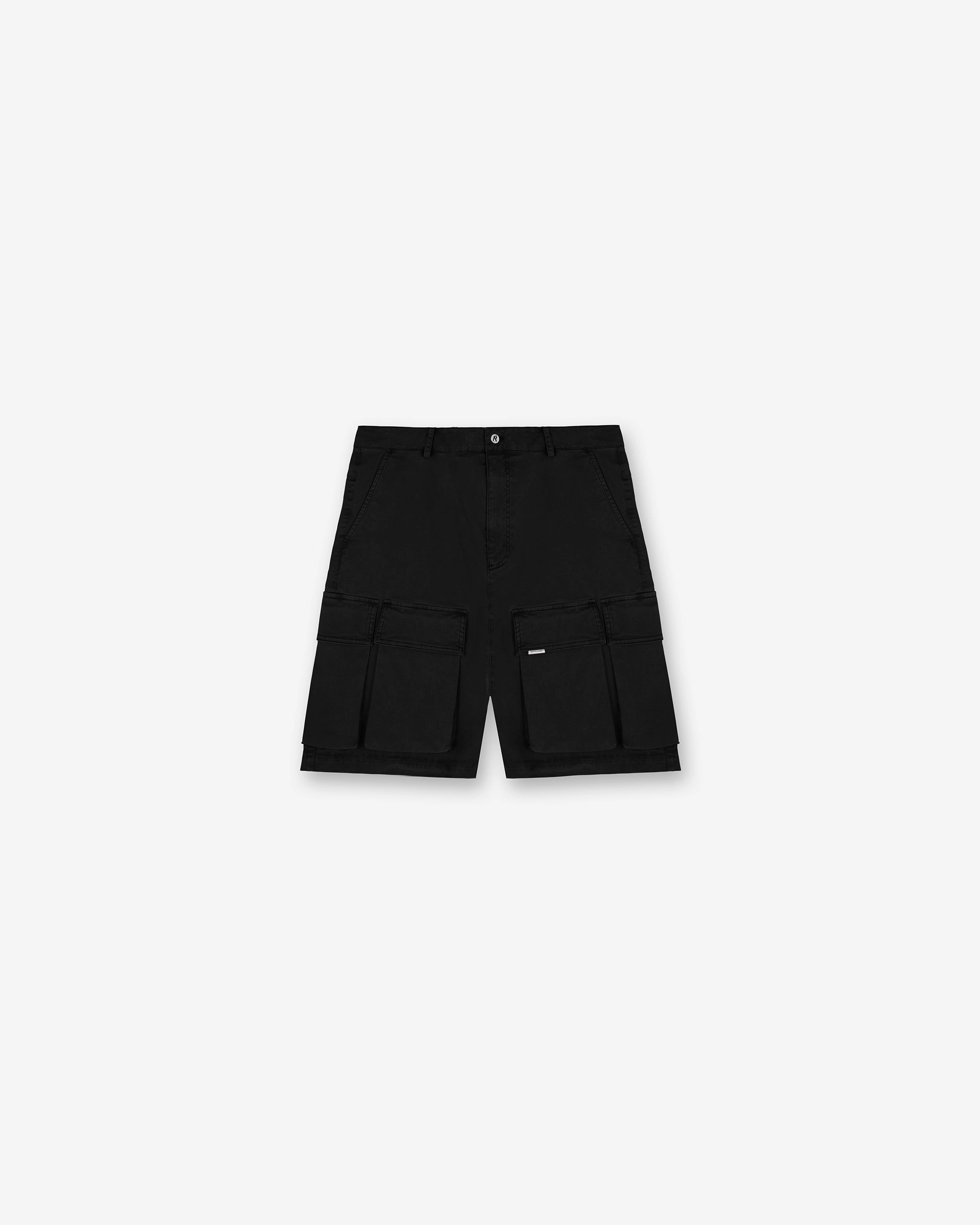 Light Reflective Trim Baggy Cotton Cargo Short - Black