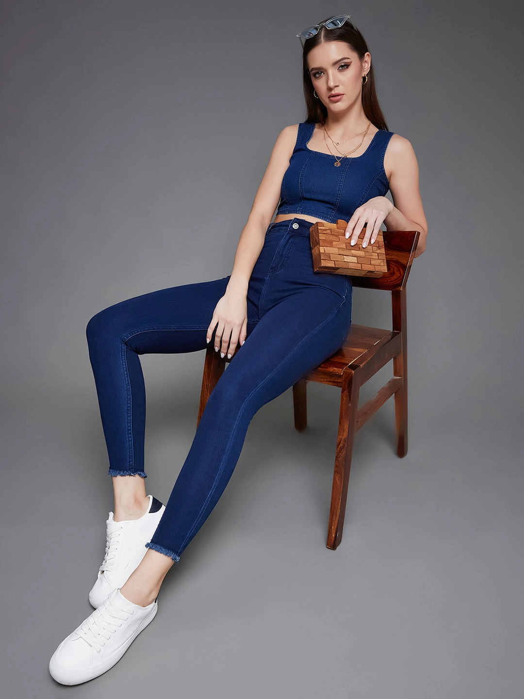 CHASEstretch? Navy-Blue Skinny High-Rise Cropped Fringed Hemline Denim Jeans Artist Vibe Everyday