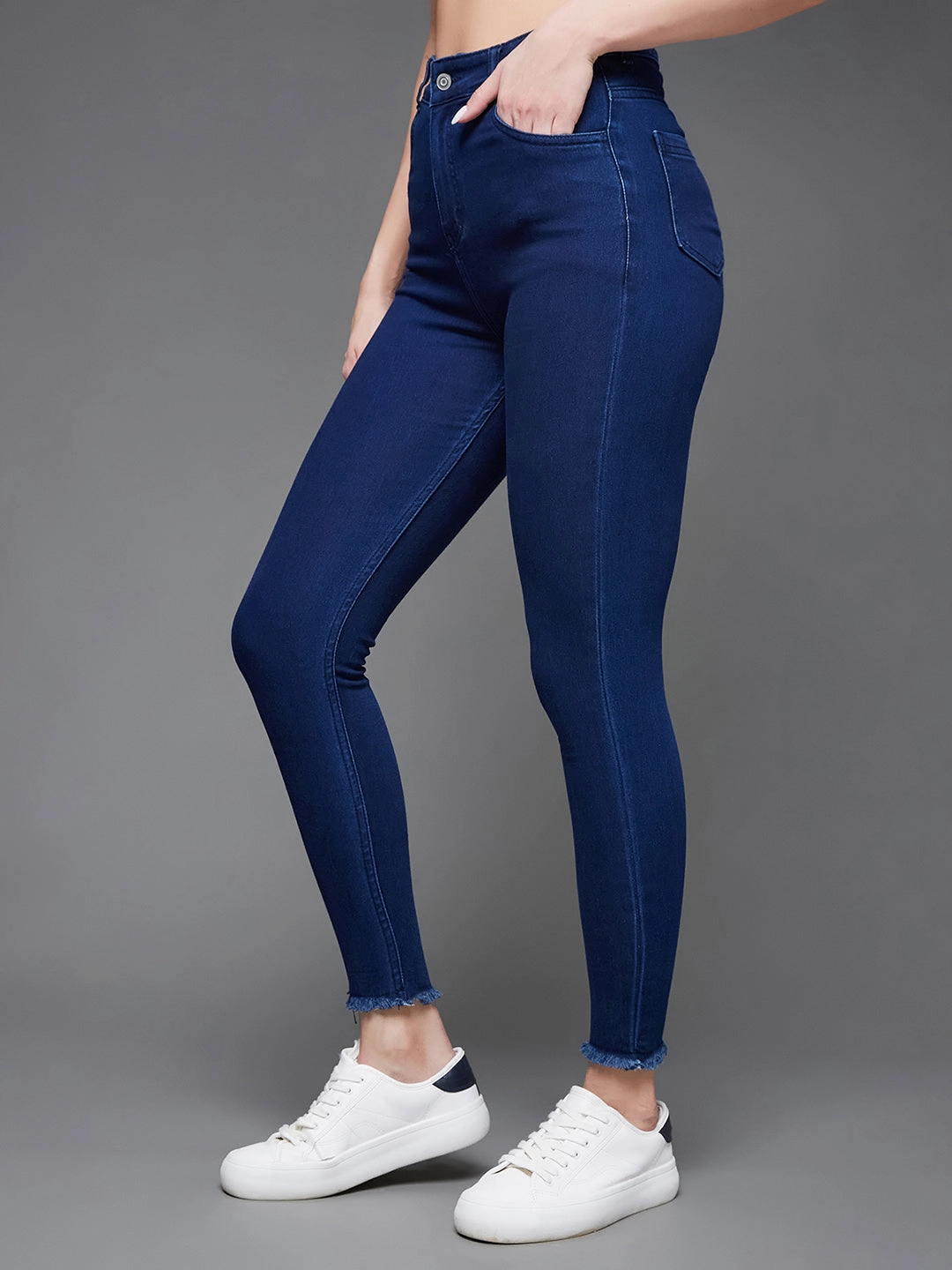 CHASEstretch? Navy-Blue Skinny High-Rise Cropped Fringed Hemline Denim Jeans All Day Comfort Design