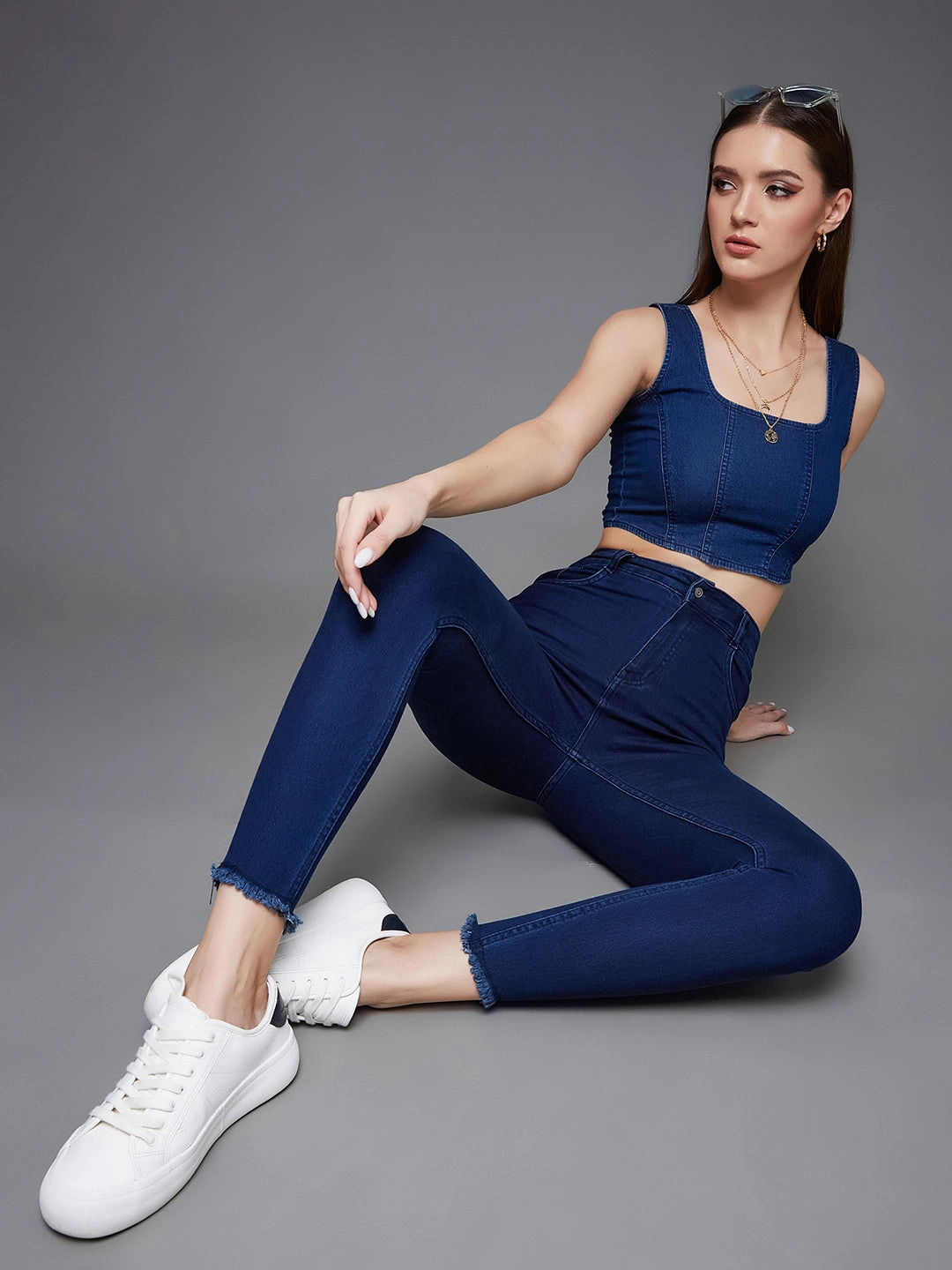 Workday Outfit CHASEstretch? Navy-Blue Skinny High-Rise Cropped Fringed Hemline Denim Jeans