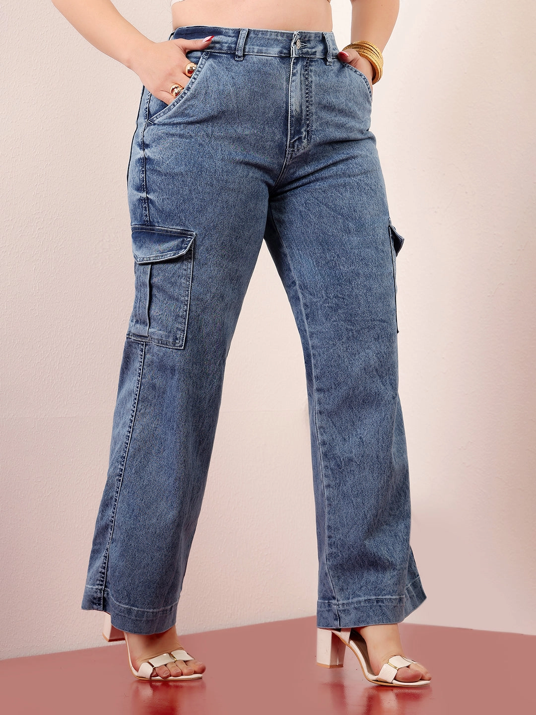 Weather Friendly Traveler Gear Smart Casual Women's Light Blue Wide-Leg High-Rise Clean-Look Stretchable Flared Cargo-Style Denim Jeans