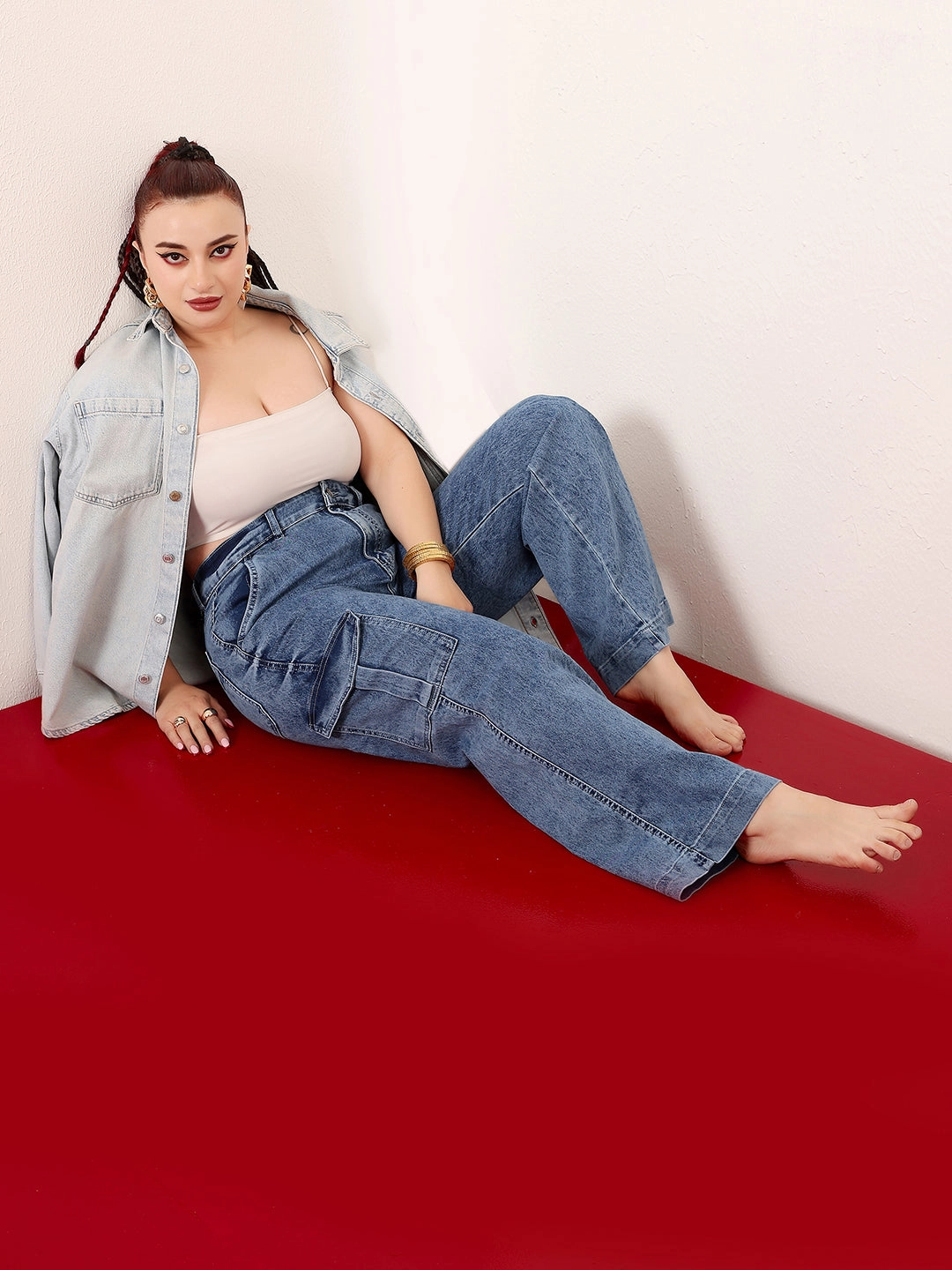 Women's Light Blue Wide-Leg High-Rise Clean-Look Stretchable Flared Cargo-Style Denim Jeans Sunny Vibes Weekend Style Traveler Gear