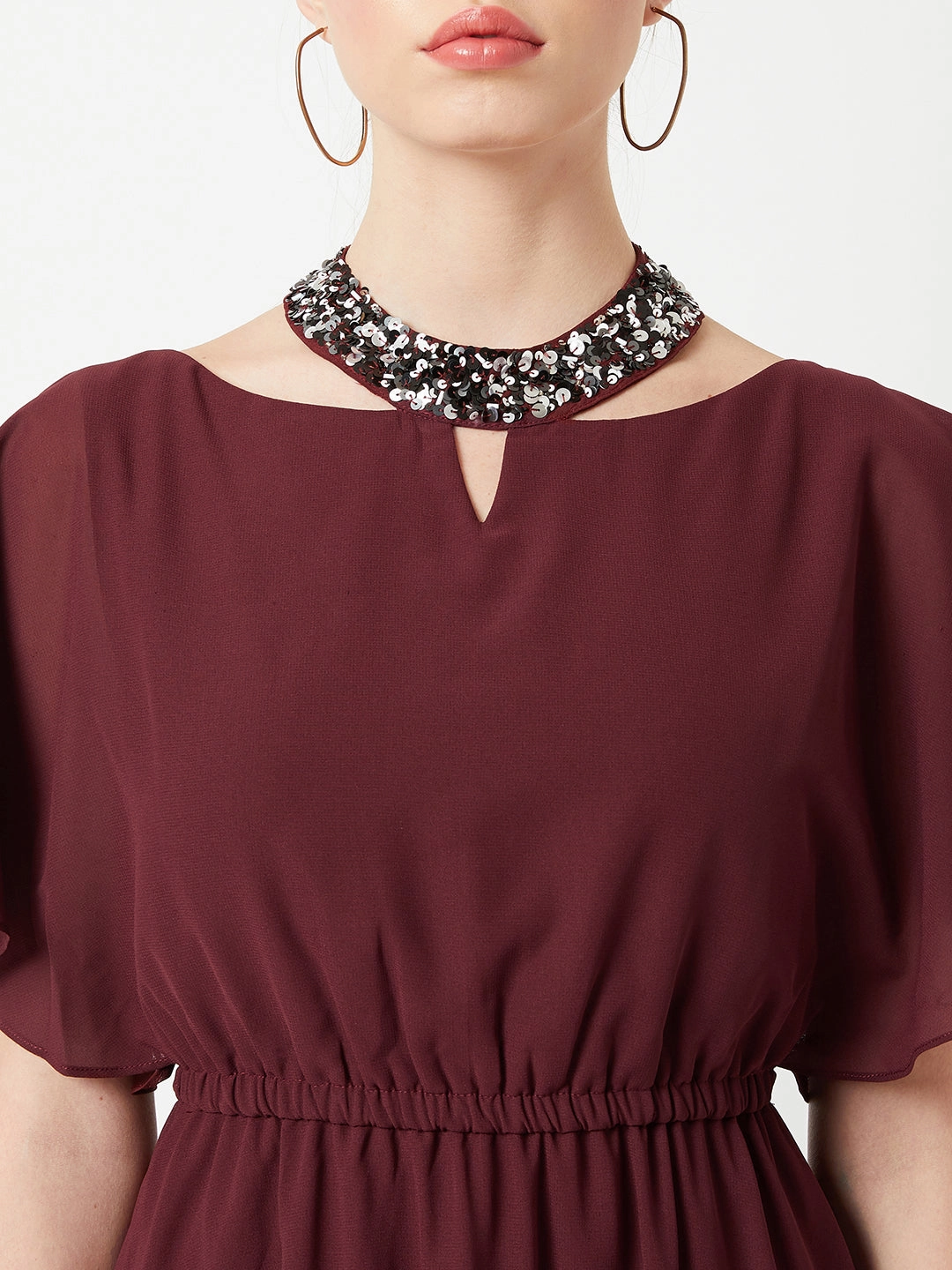 Women's Wine Red Round Neck Flared Solid Embellished Choker/Gathered Maxi Dress Balanced Fit Urban Aesthetic