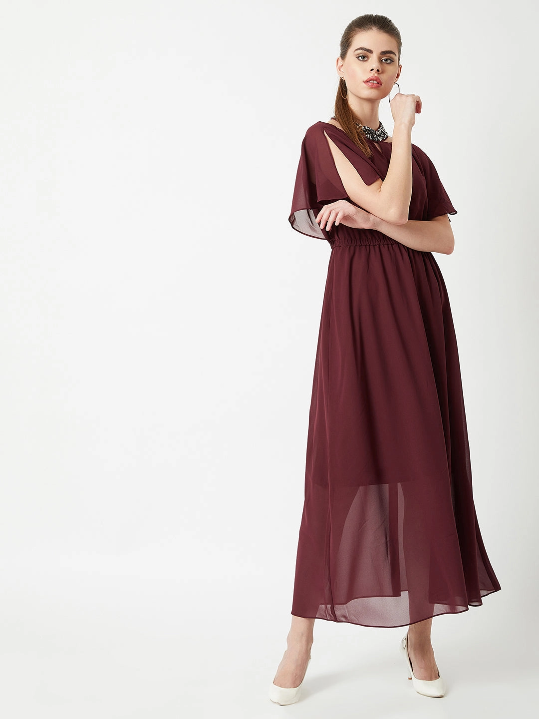 Euro Ease Women's Wine Red Round Neck Flared Solid Embellished Choker/Gathered Maxi Dress