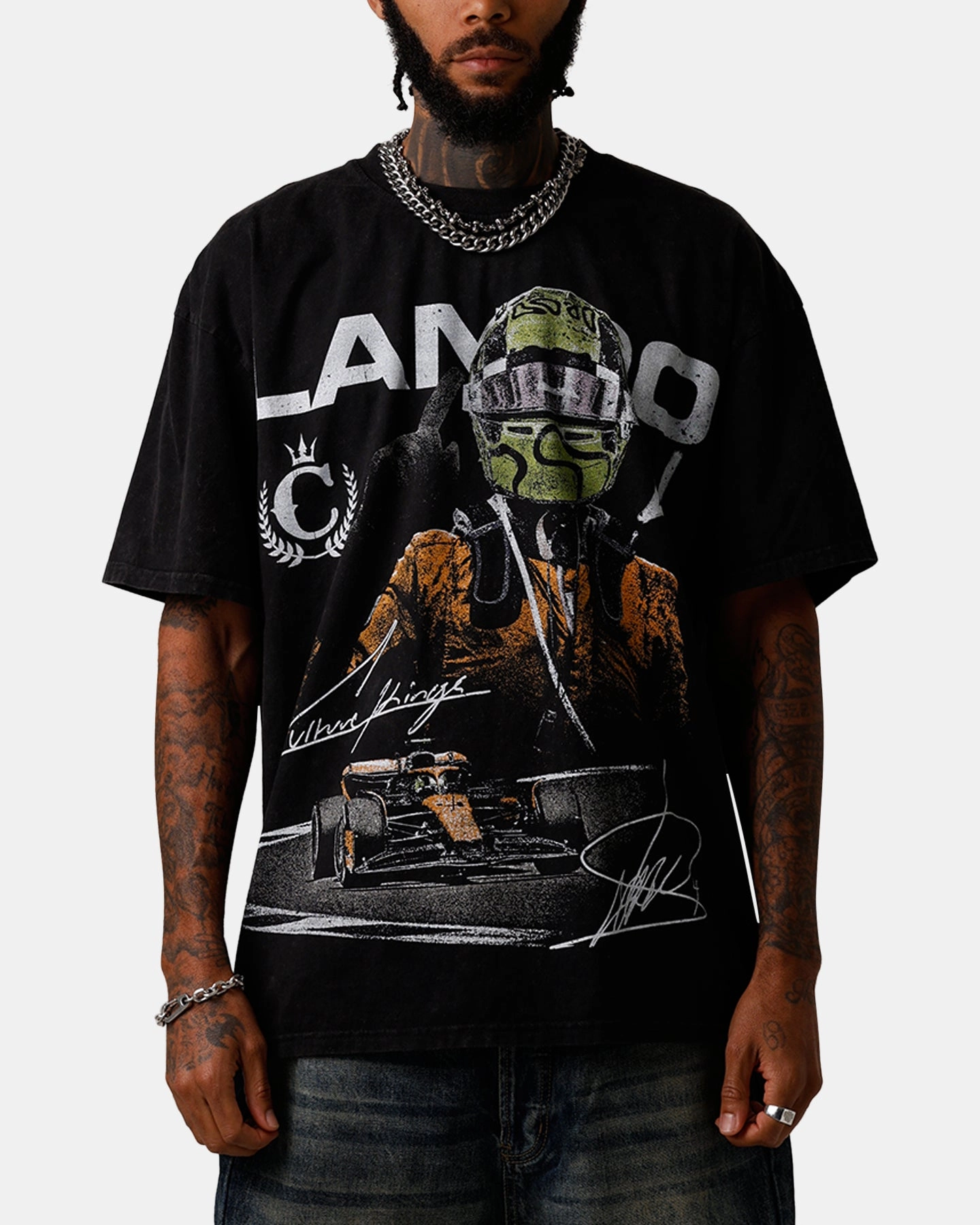 Culture Kings X Mclaren Lando Norris 'Vegas Grand Prix 2024' Signature T-Shirt Black Acidwash Ribbed Collar Style PunctureResistantReinforcement
