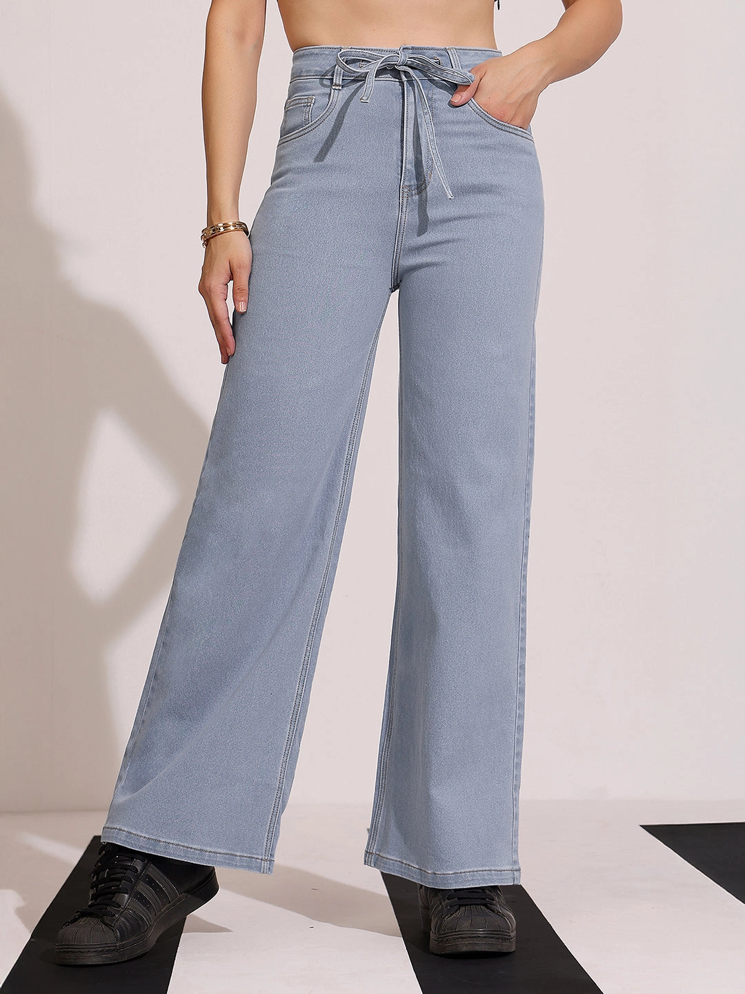 Outfit Formula Work Meeting Unisex Wear Weekend Warrior Women's Light Blue High-Rise Wide Leg Stretch Denim Jeans with Tie-Up Waist