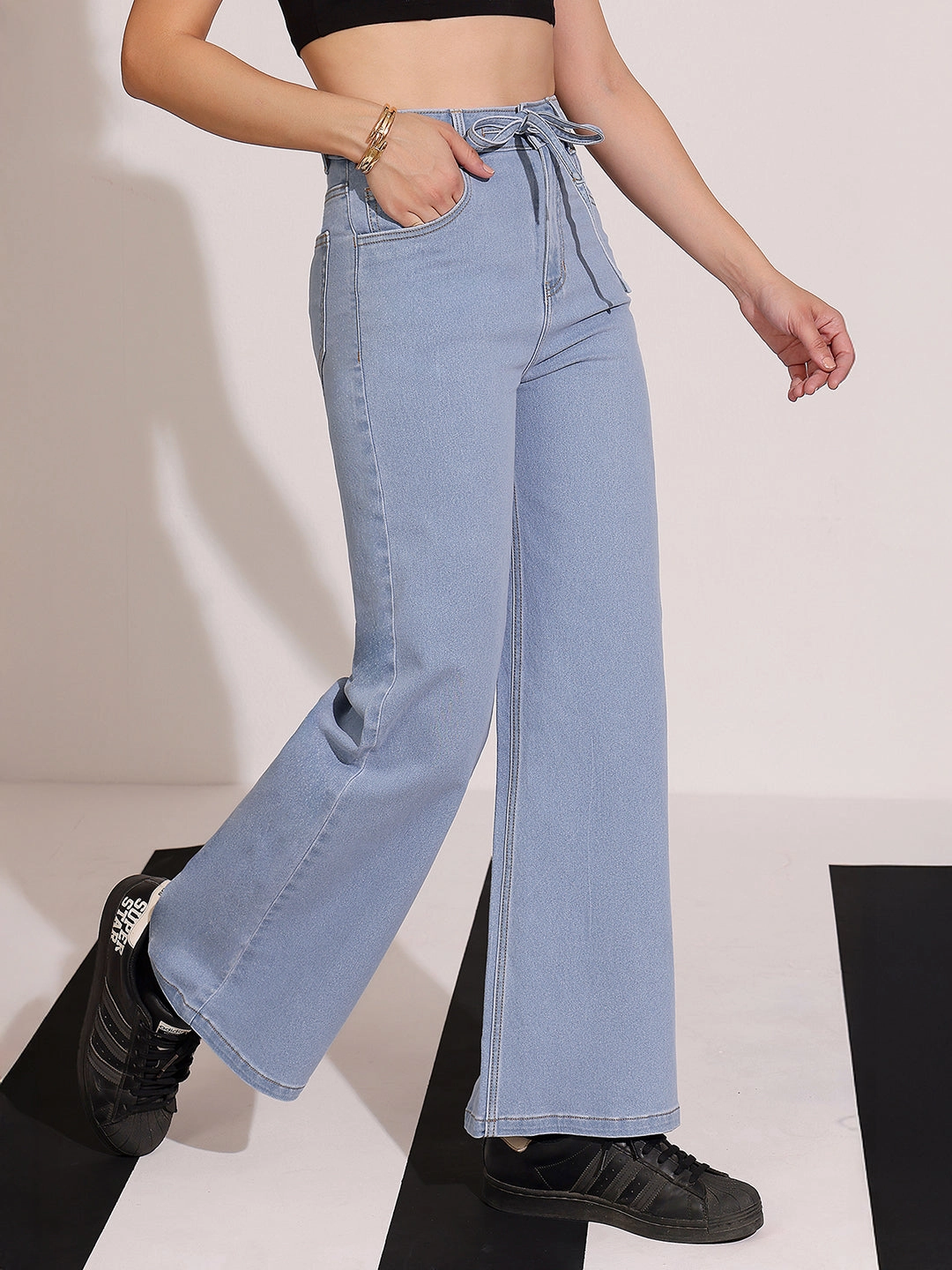 Durable Eco Friendly Women's Light Blue High-Rise Wide Leg Stretch Denim Jeans with Tie-Up Waist