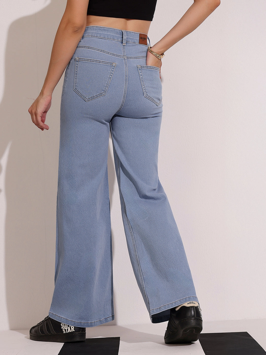 Women's Light Blue High-Rise Wide Leg Stretch Denim Jeans with Tie-Up Waist Professional Wear Artist Vibe
