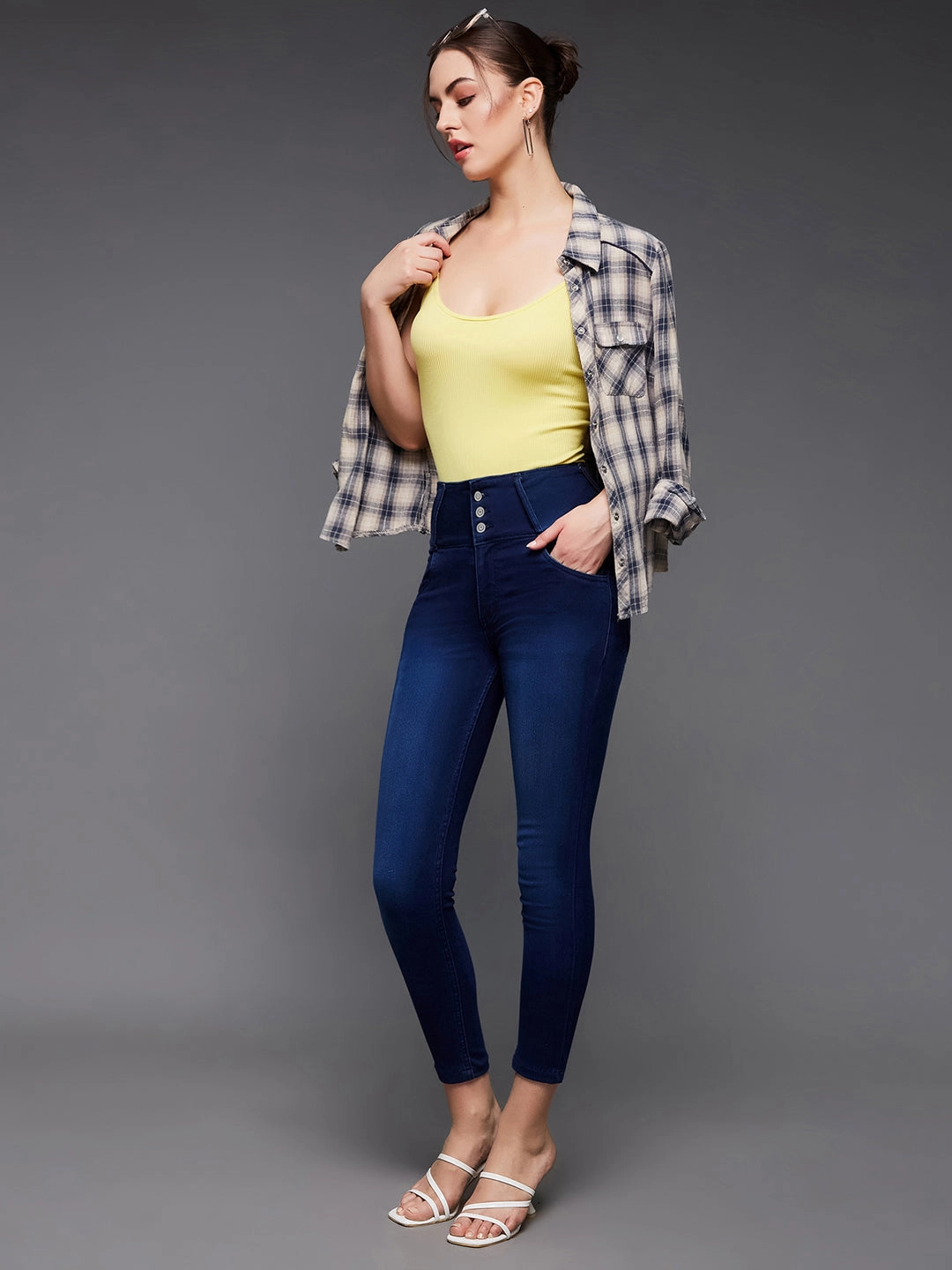 Music Event Picnic Style Women's Navy-Blue Skinny-Fit High-Rise Cropped-Length Stretchable Denim Jeans