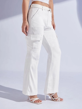 Women's White Wide Leg High-Rise Stretchable Denim Jeans Easy Layering Winter Warmth Festival Outfit Outdoor Adventure