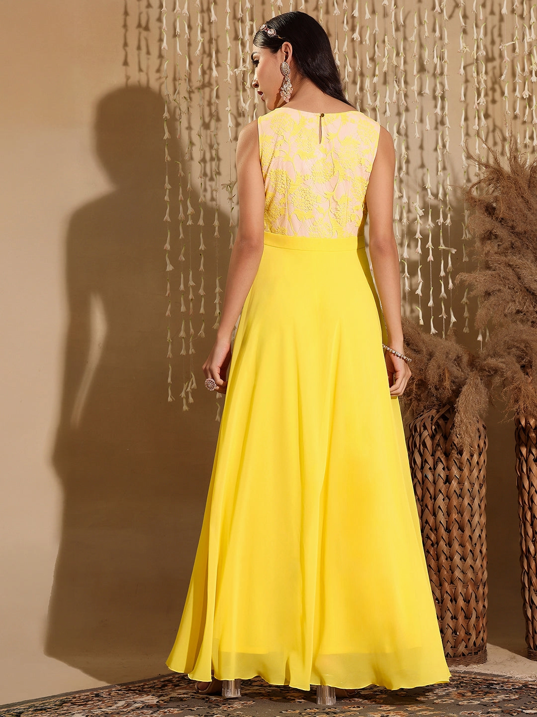 Elegant Line HypoallergenicFiber Women's Light Yellow Round Neck Sleeveless Georgette & Lace Floral Fit & Flare Maxi Dress