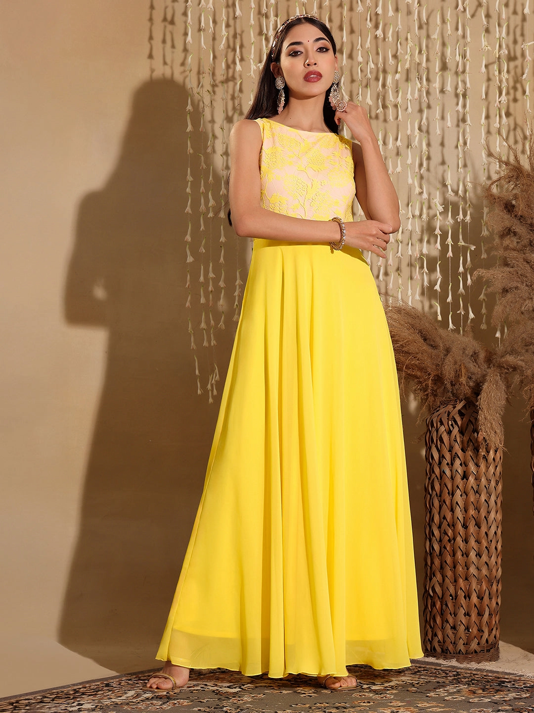 Women's Light Yellow Round Neck Sleeveless Georgette & Lace Floral Fit & Flare Maxi Dress Sequin-Detail Trendy Silhouette