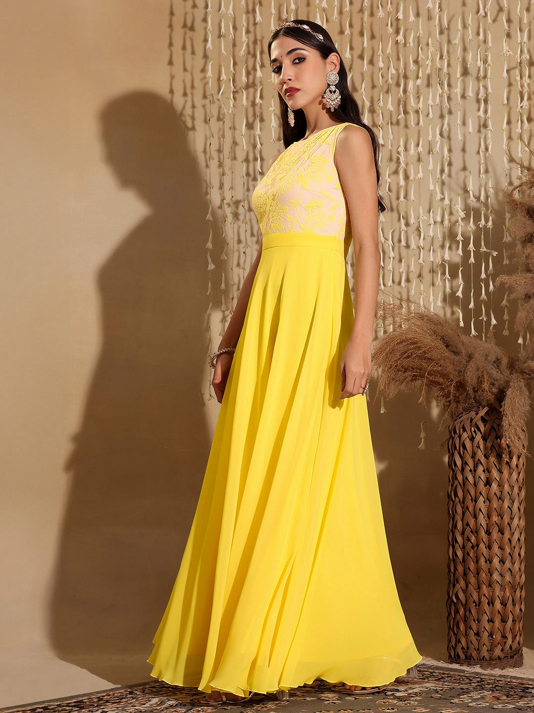 Women's Light Yellow Round Neck Sleeveless Georgette & Lace Floral Fit & Flare Maxi Dress Perfectly Fitted
