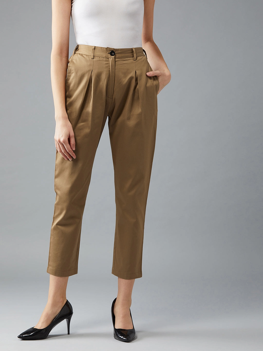 Women's Olive Green Solid Pleated Regular Length Pant Everyday Comfort