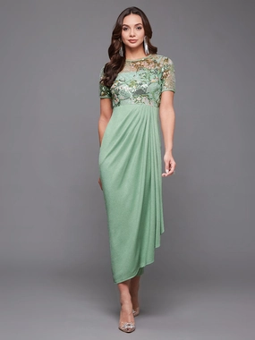 Perfect Fit Women's Mint Round-Neck Half-Sleeve Embroidered Draped Polyester Midi Dress