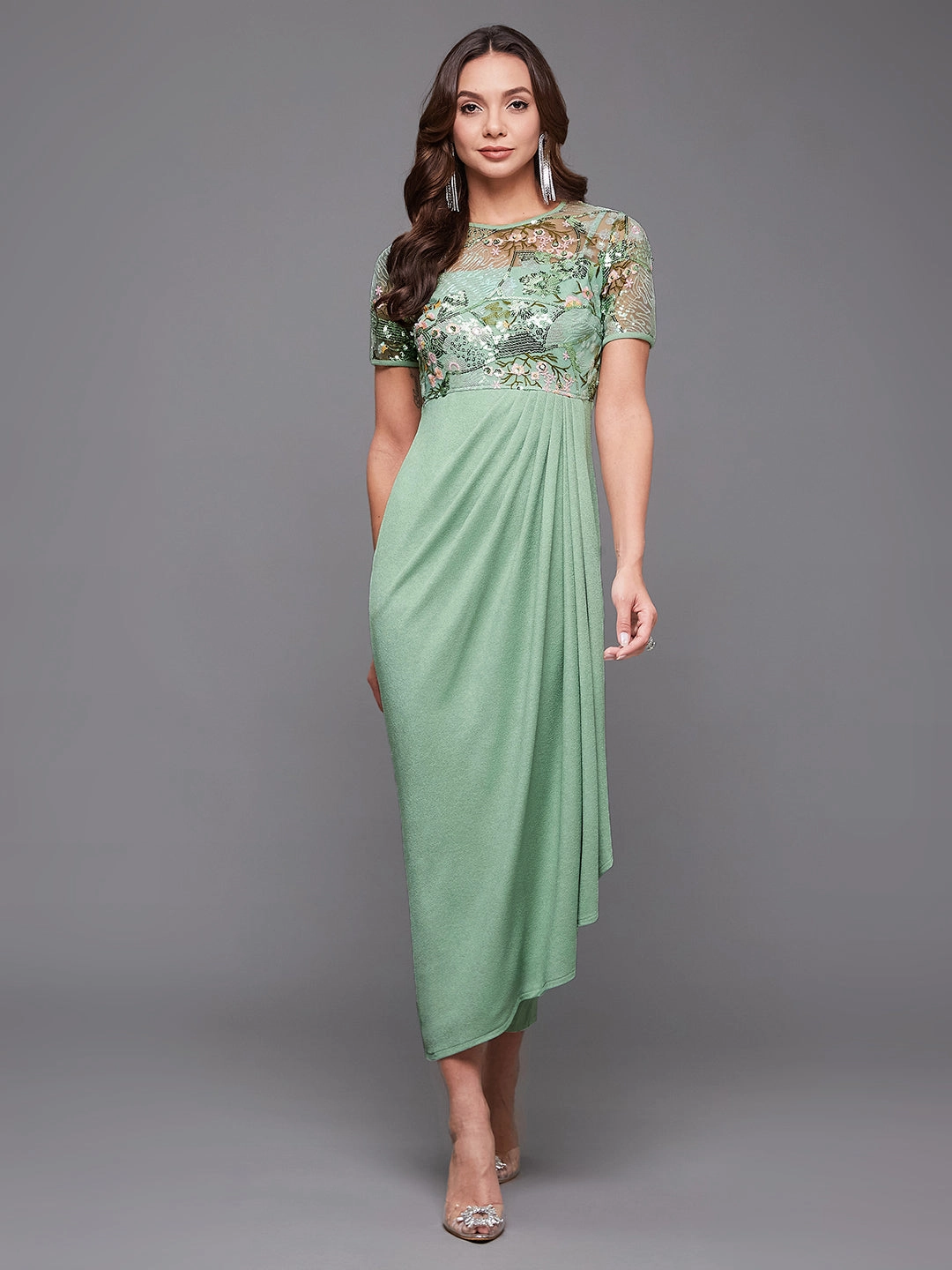Perfect Fit Women's Mint Round-Neck Half-Sleeve Embroidered Draped Polyester Midi Dress