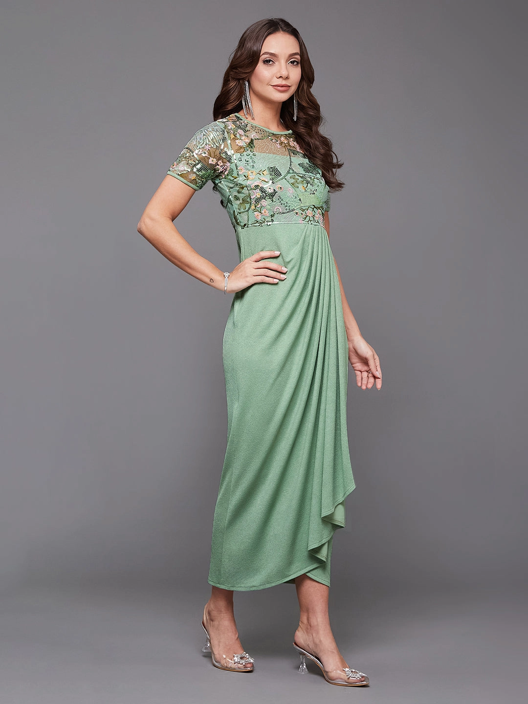 Soft Presence Standout Feature Women's Mint Round-Neck Half-Sleeve Embroidered Draped Polyester Midi Dress