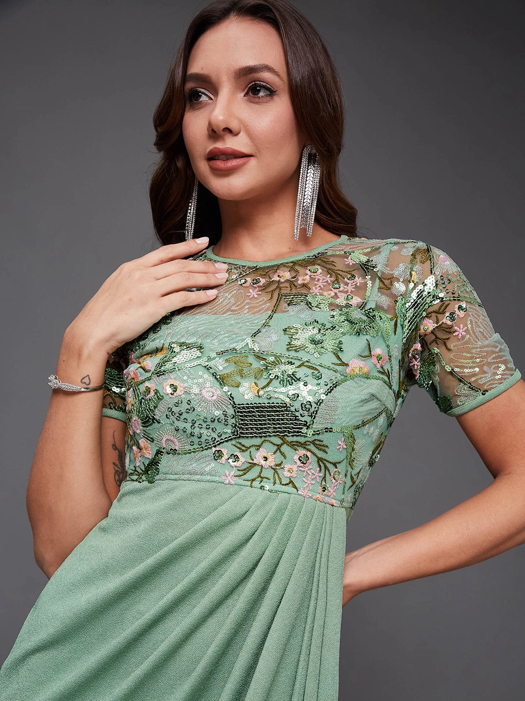 Upgrade-Option boho vibe Women's Mint Round-Neck Half-Sleeve Embroidered Draped Polyester Midi Dress