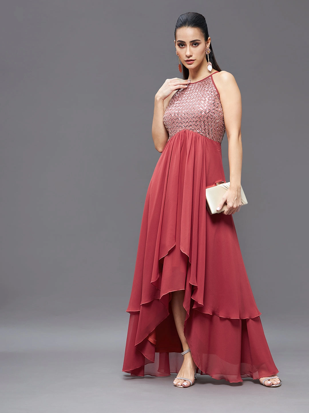 Women's Brick Red Georgette Halter Neck Sleeveless Sequined Layered Party Maxi Dress Timeless Look City Friendly