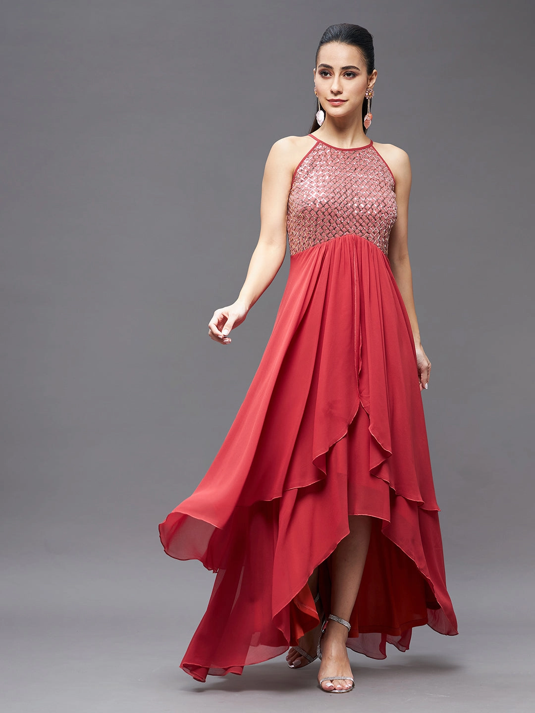 Clean Fit Women's Brick Red Georgette Halter Neck Sleeveless Sequined Layered Party Maxi Dress