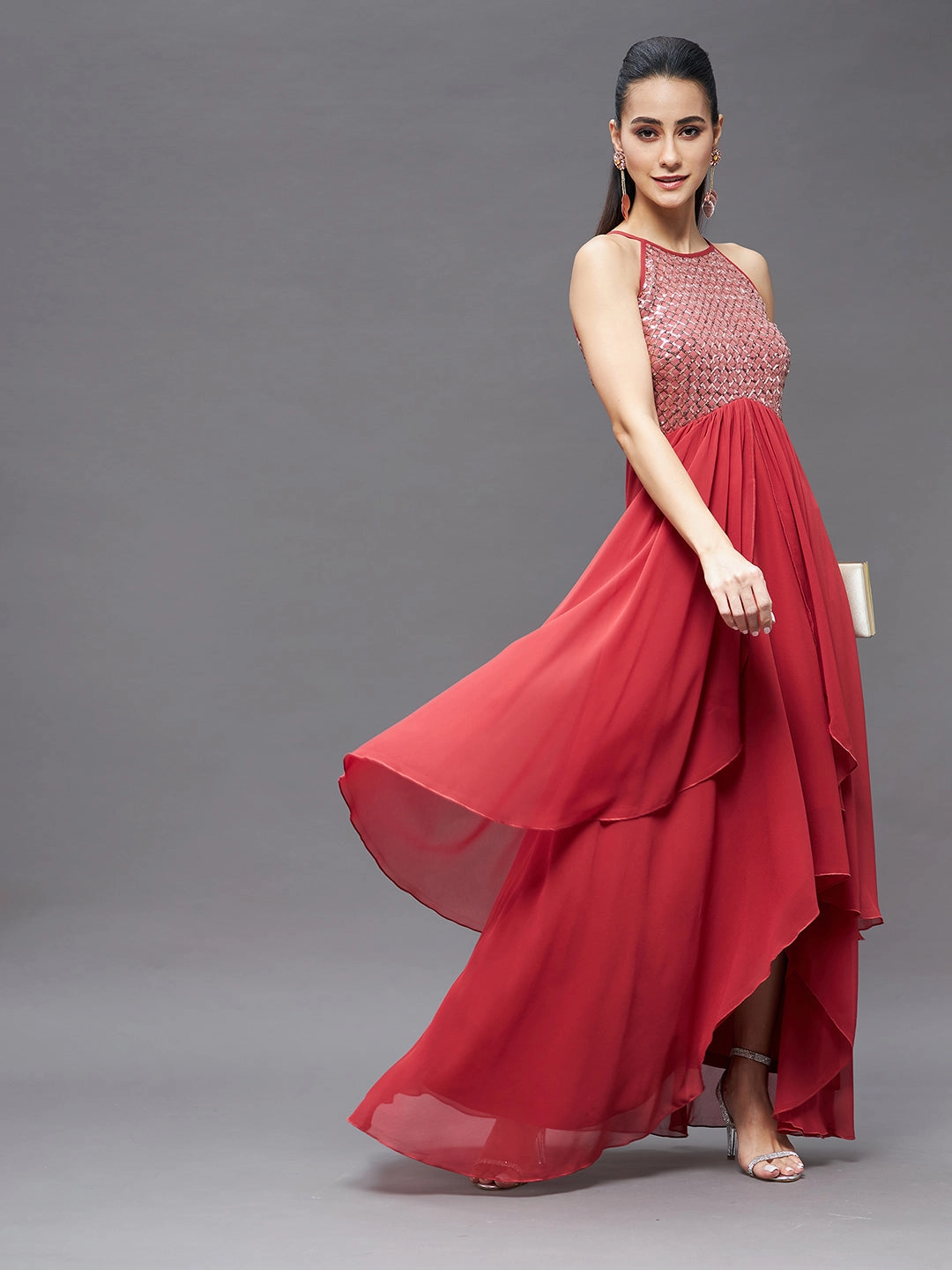 Women's Brick Red Georgette Halter Neck Sleeveless Sequined Layered Party Maxi Dress Semi Formal