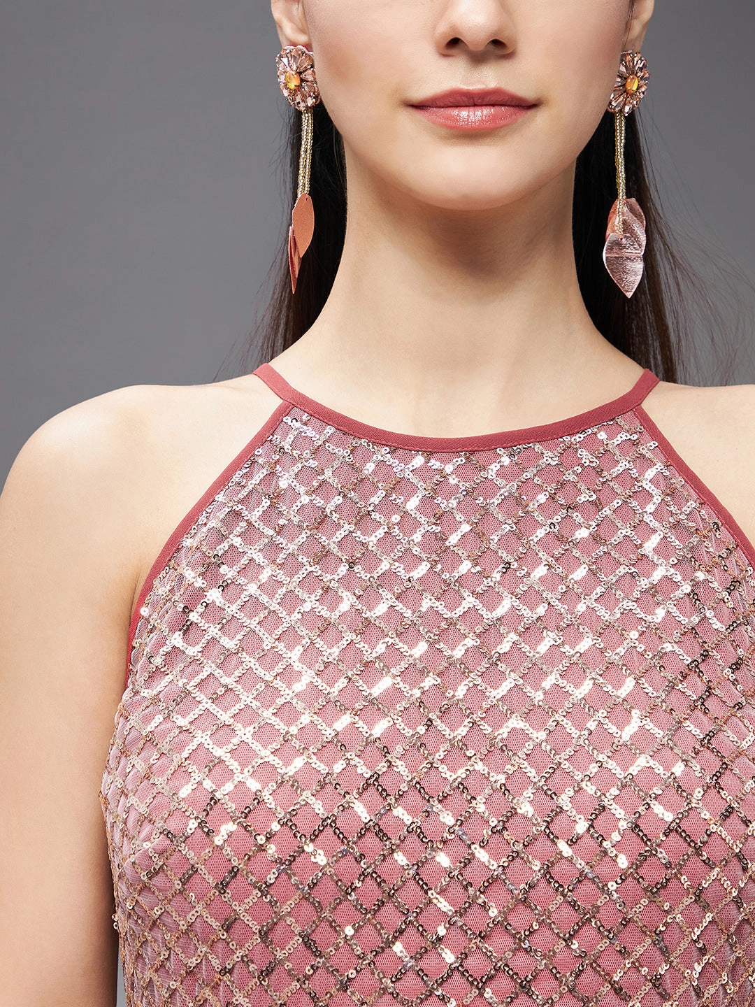 Women's Brick Red Georgette Halter Neck Sleeveless Sequined Layered Party Maxi Dress Printed-Fabric