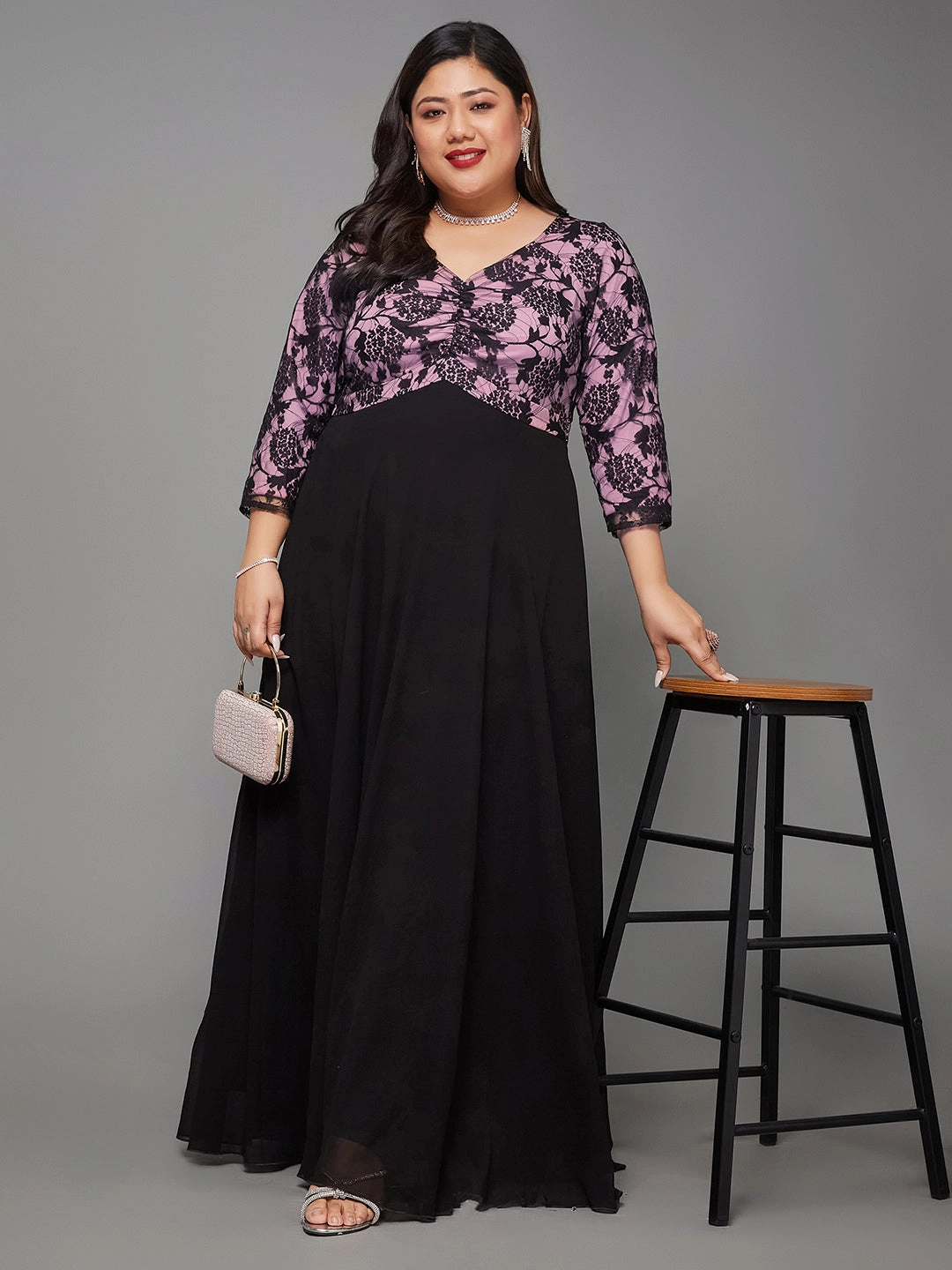 Body Bliss Black And Lavender Sweet heart neck Fit & Flare Maxi Dress Comfortable Touch