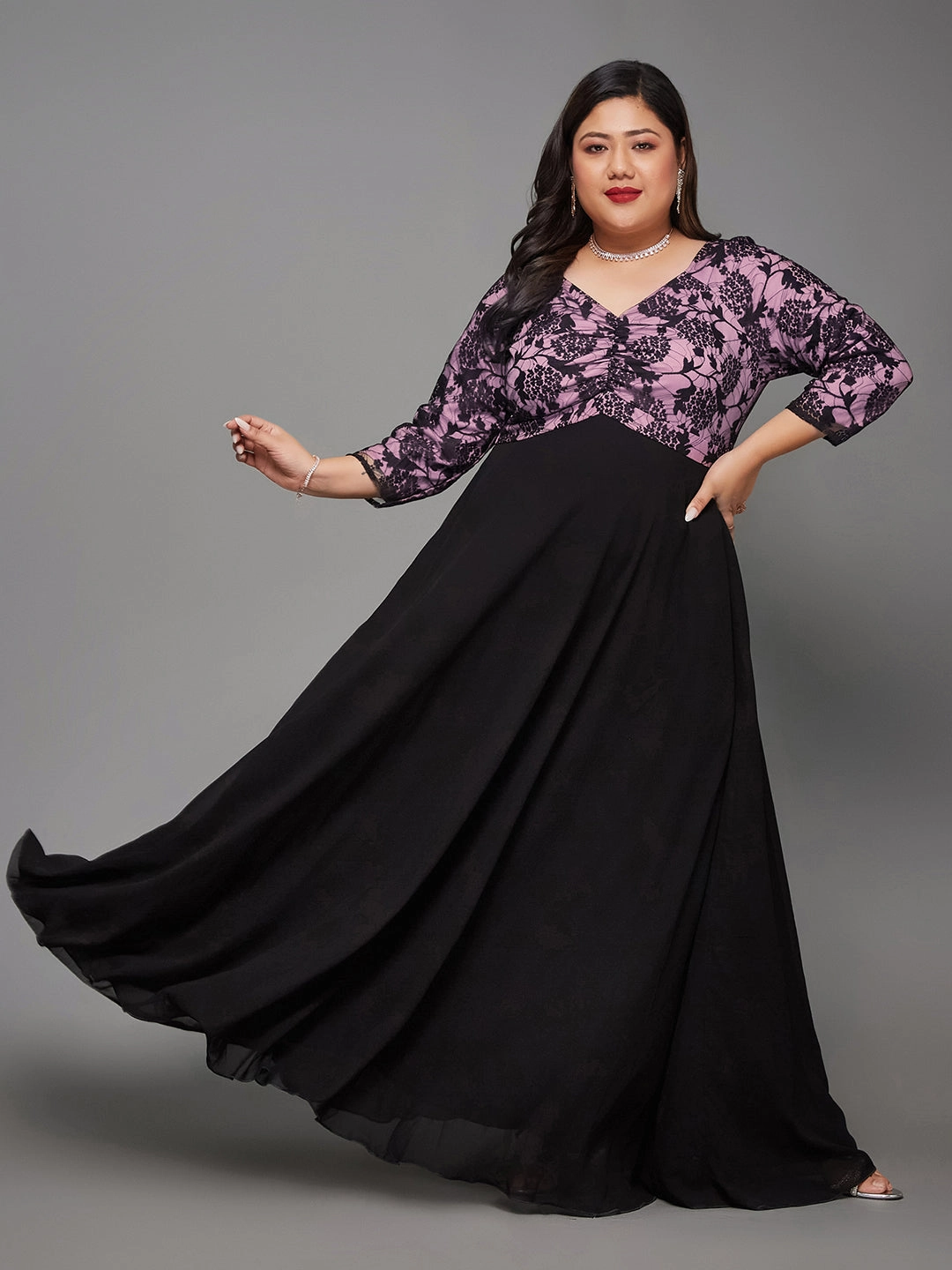 Body Bliss Black And Lavender Sweet heart neck Fit & Flare Maxi Dress Neutral Form Chill Detail