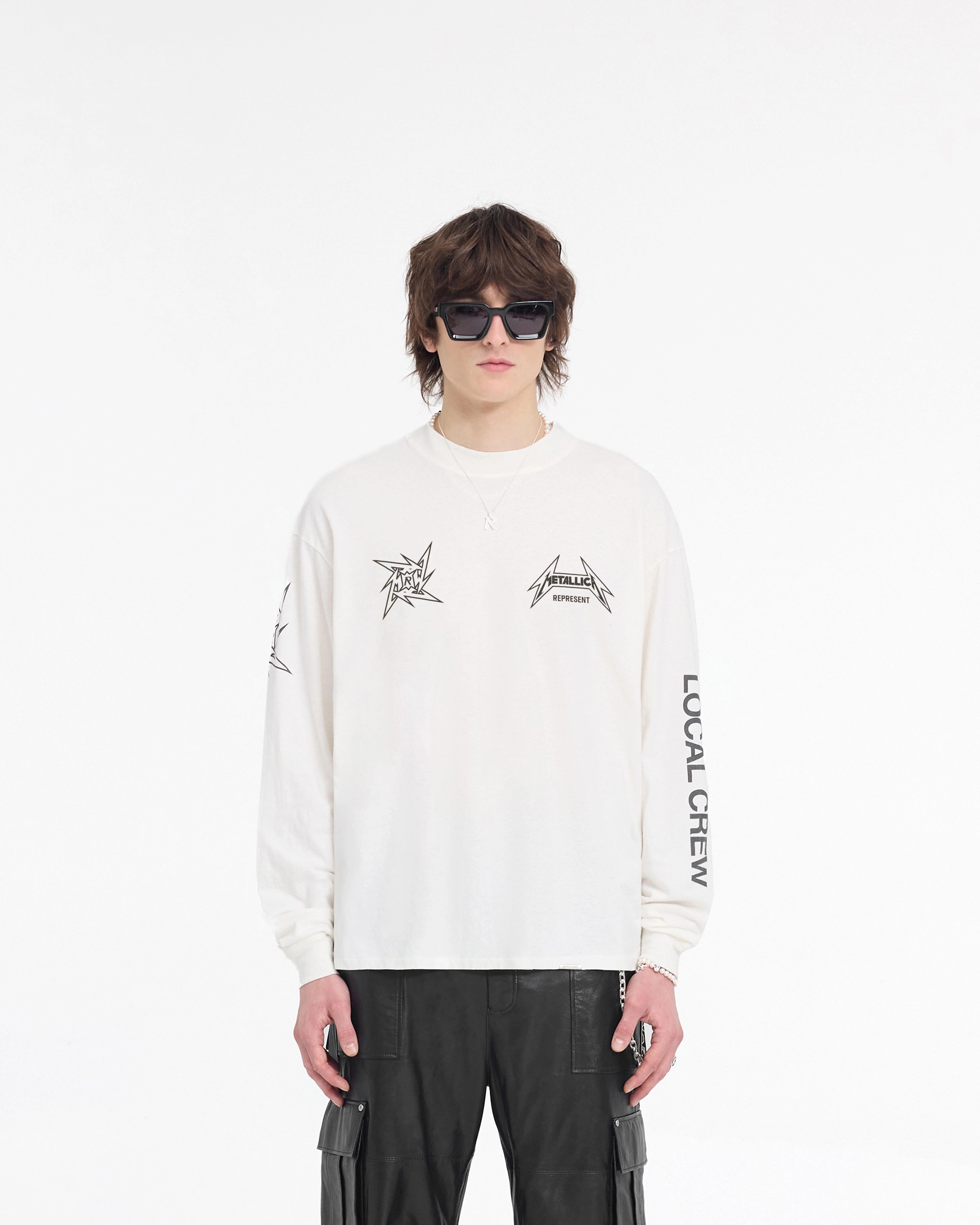 Represent X Metallica Local Crew Long Sleeve T-Shirt - Flat White Durable Collar Construction Ultra Soft Blend