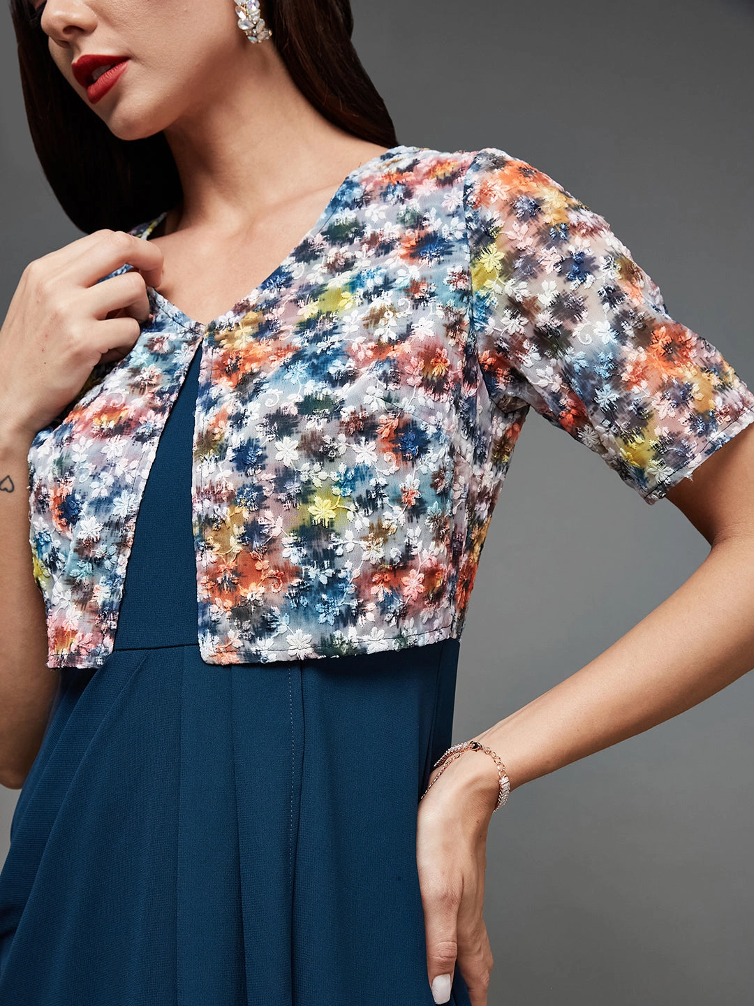 Blush Glow Women's Multicolored-Base-Teal V-Neck Half Sleeve Embroidered Layered Maxi Georgette Dress