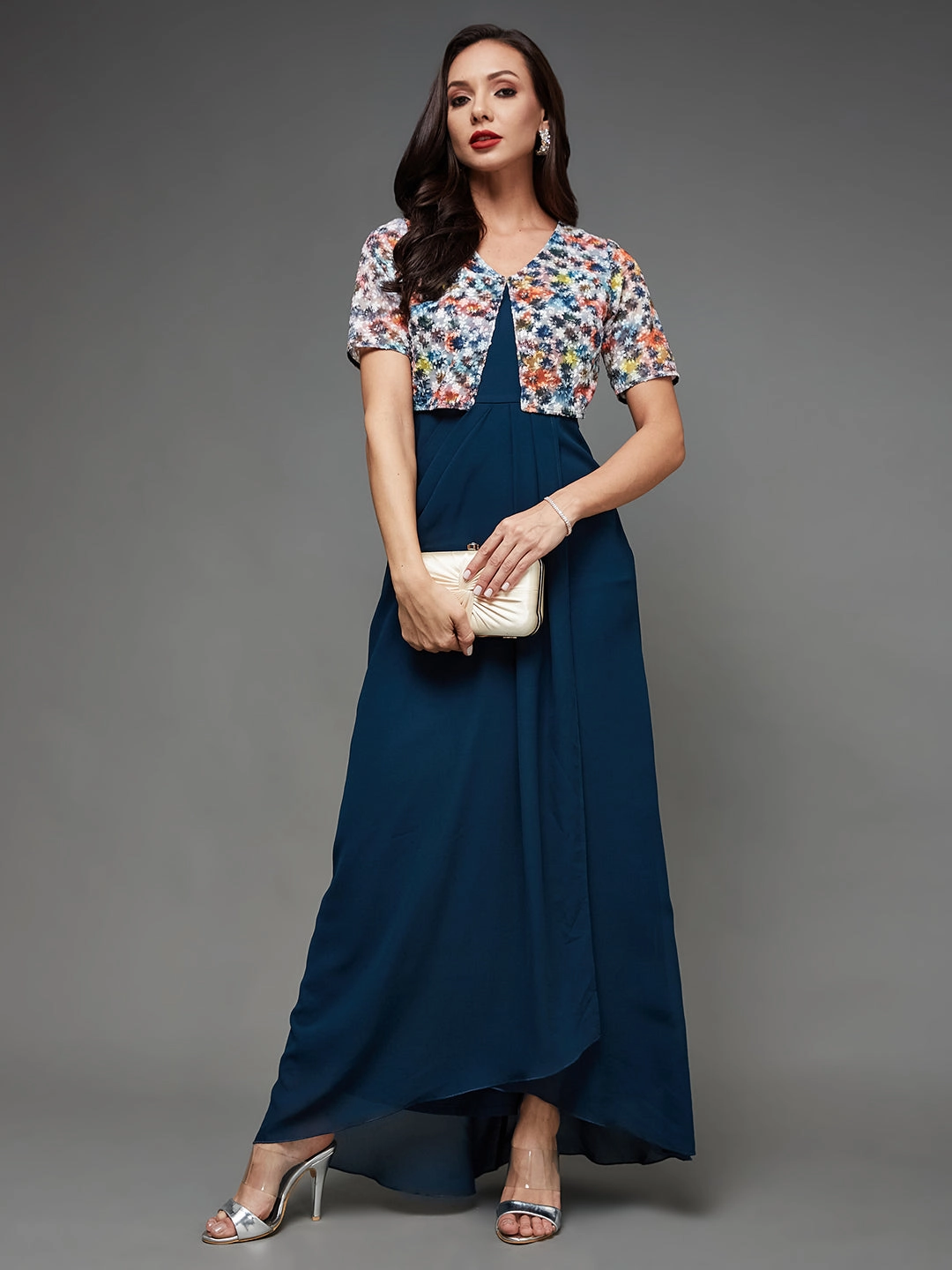 Women's Multicolored-Base-Teal V-Neck Half Sleeve Embroidered Layered Maxi Georgette Dress Dreamy Flow Grace Base