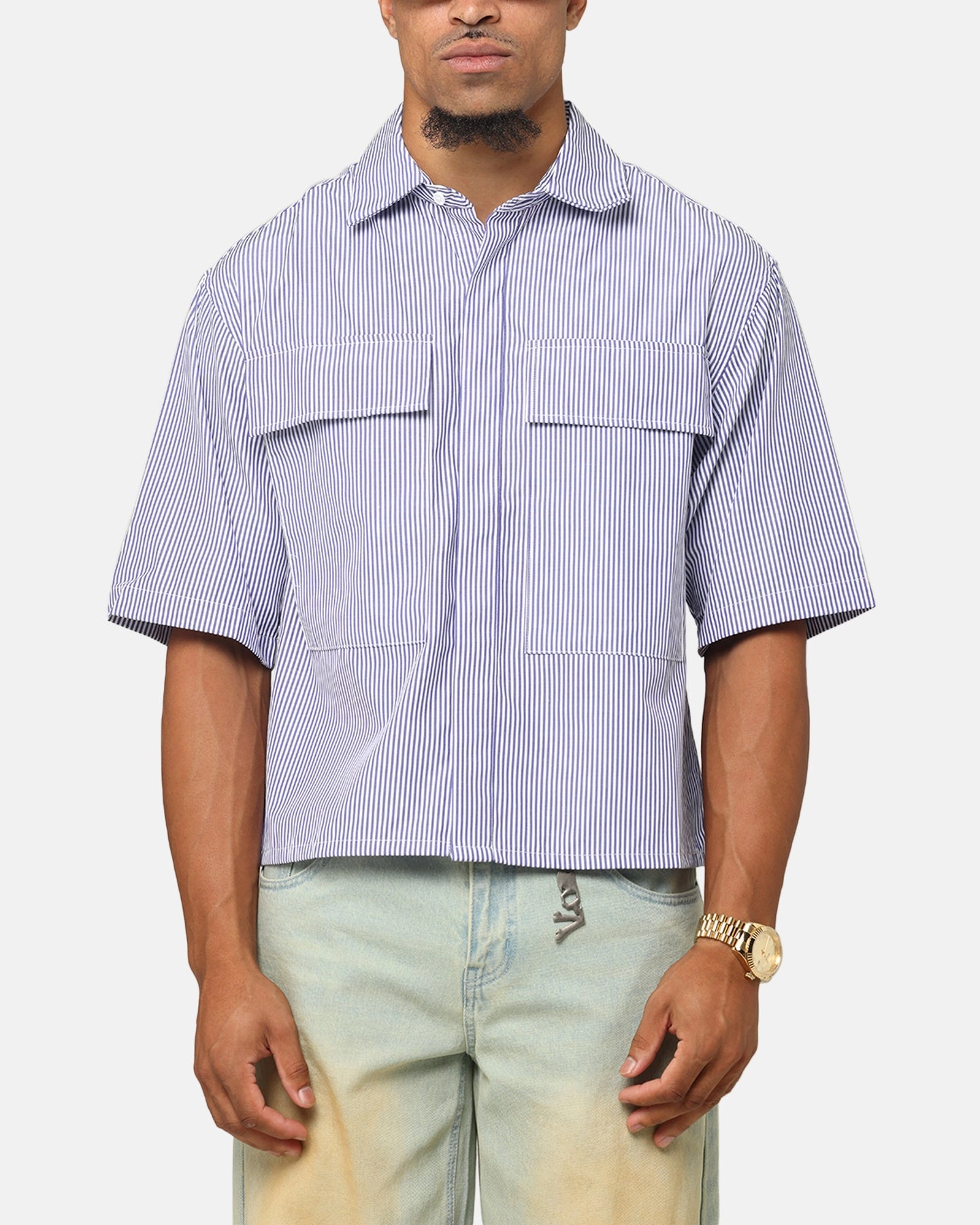 MNML Cropped Striped Short Sleeve Shirt Blue Ventilated Back Panel