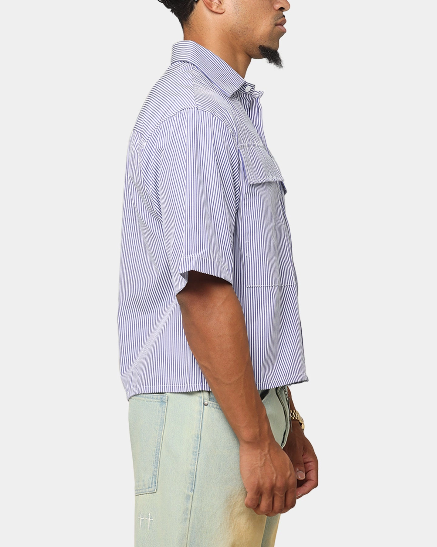 High Neck Design MNML Cropped Striped Short Sleeve Shirt Blue