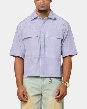 MNML Cropped Striped Short Sleeve Shirt Blue Ventilated Back Panel
