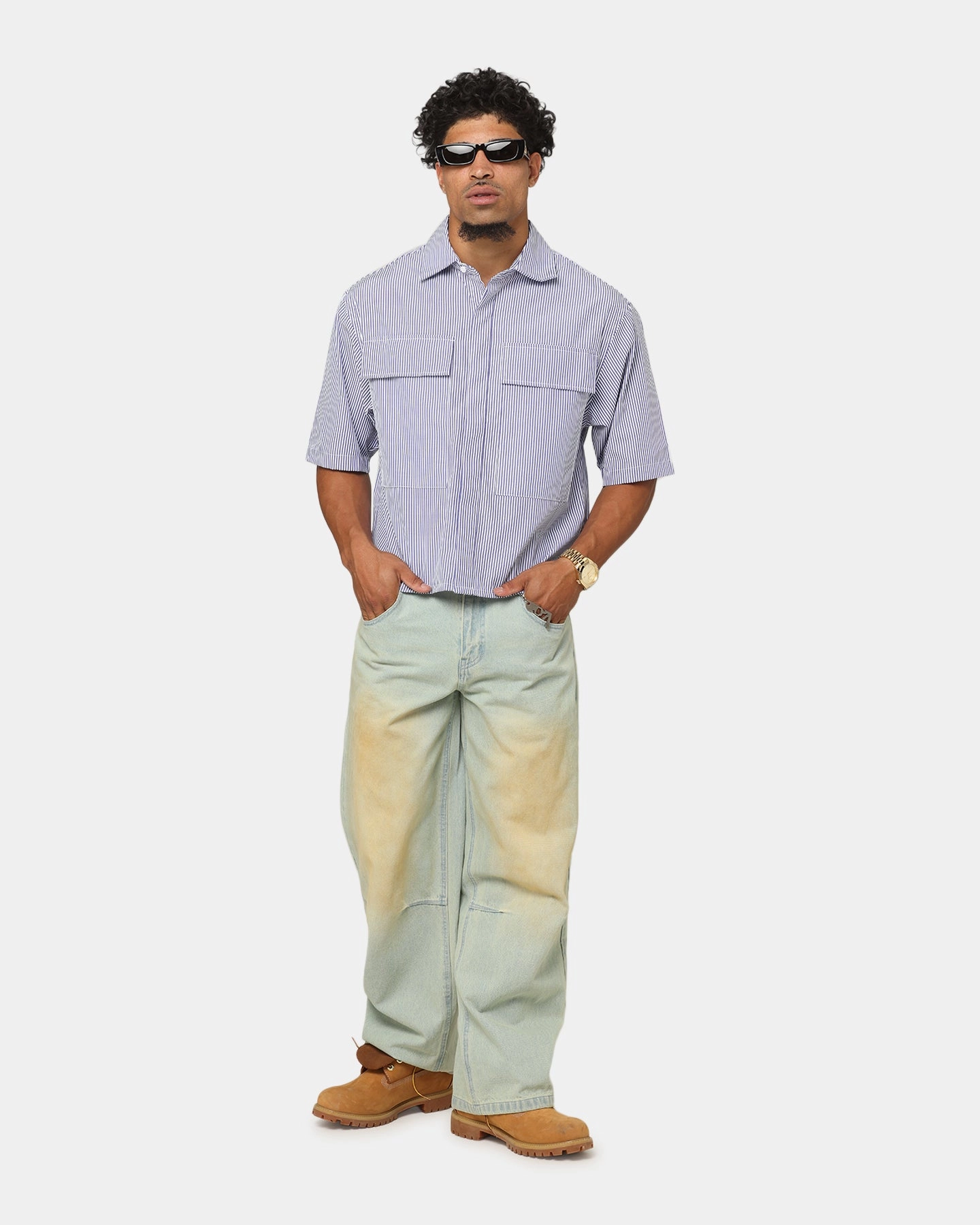 FlexibleMobility MNML Cropped Striped Short Sleeve Shirt Blue