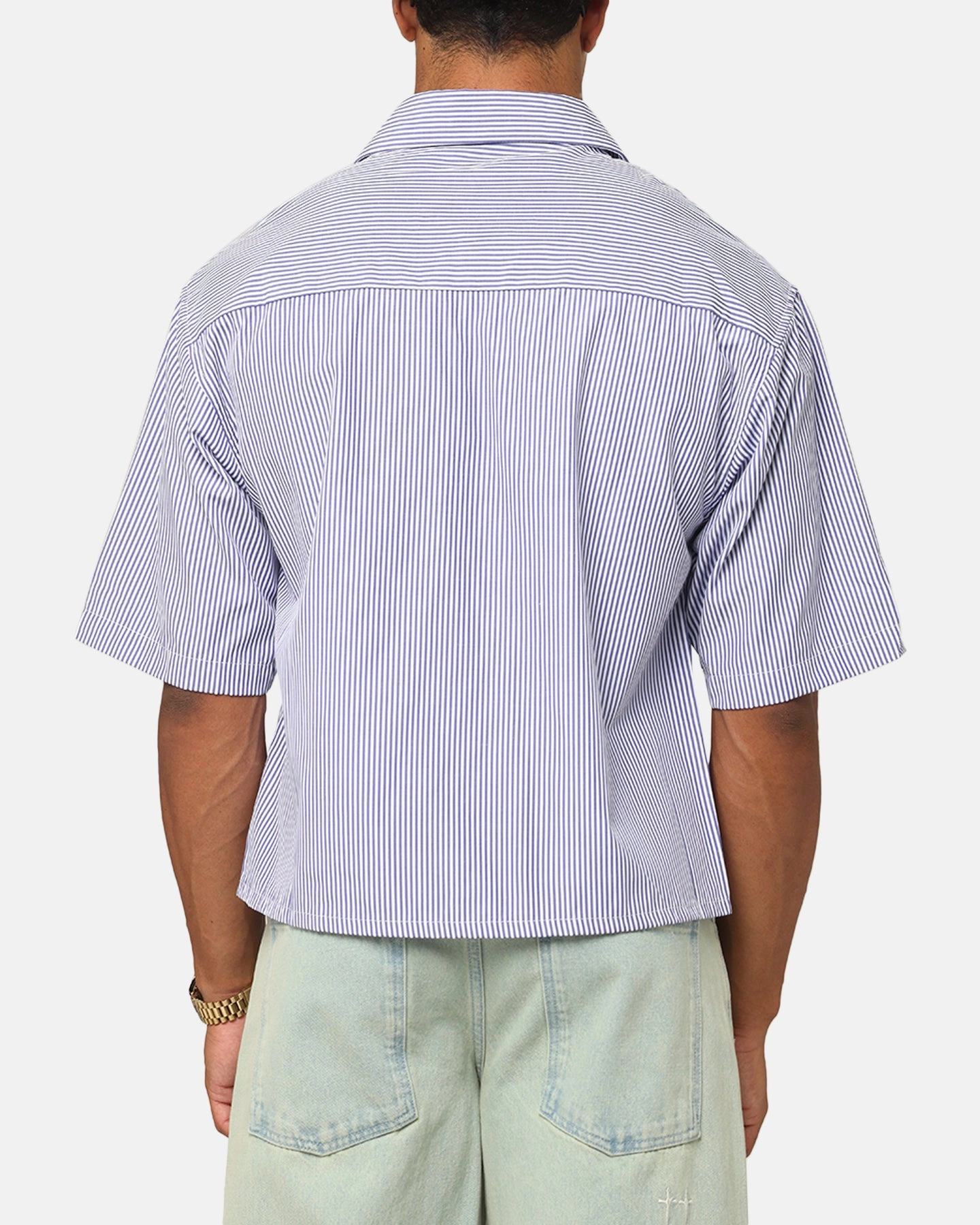 MNML Cropped Striped Short Sleeve Shirt Blue Antimicrobial Finish VNeckline