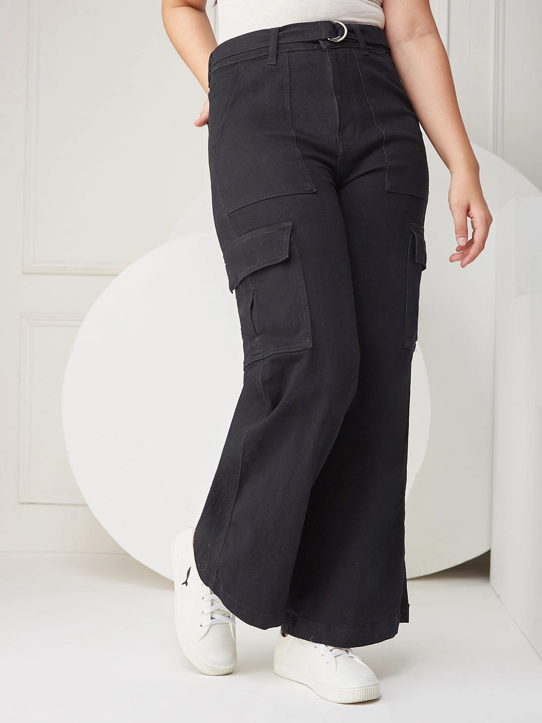 Durable Athlete Fit Travel Outfit Recycled Cotton Blend Black Wide-leg High-rise Clean-look Regular Stretchable Denim Jeans