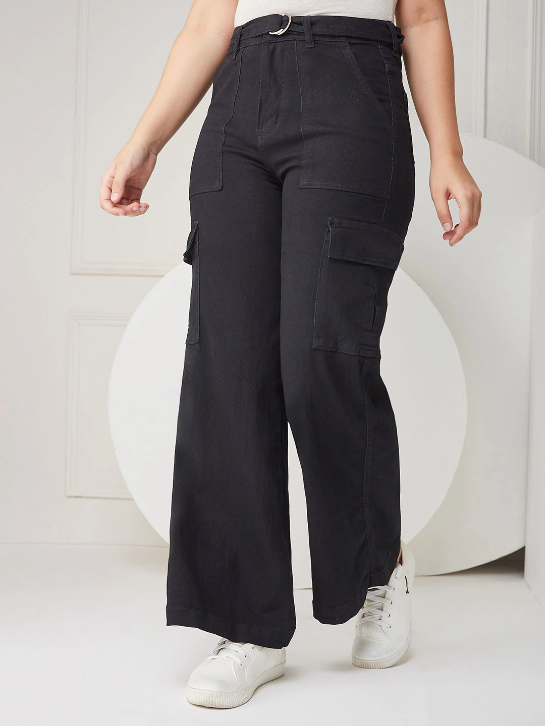 Black Wide-leg High-rise Clean-look Regular Stretchable Denim Jeans Essential Wear Daywear Fit