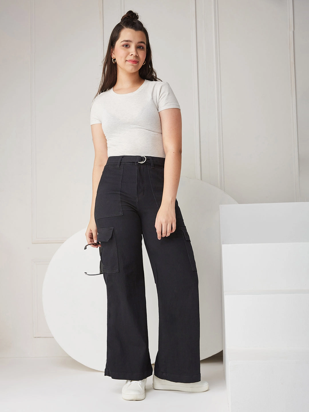 Black Wide-leg High-rise Clean-look Regular Stretchable Denim Jeans Essential Style Movement Friendly