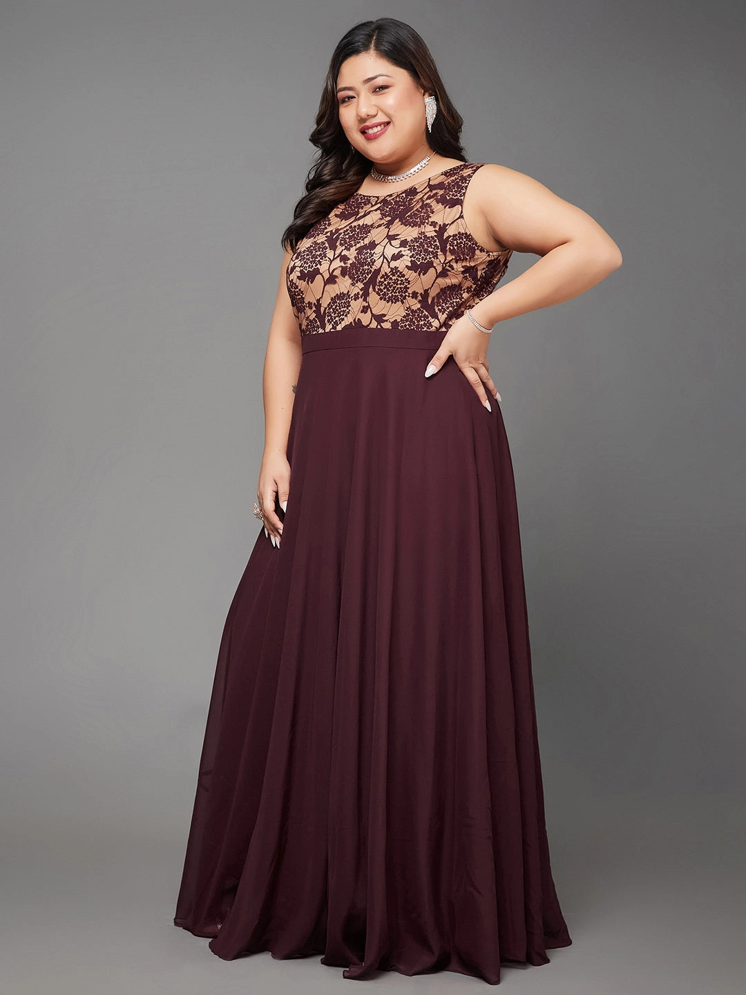 Air Beauty Cozy Comfort Body Bliss Beige & Wine Georgette Floral Lace Fit & Flare Maxi Dress