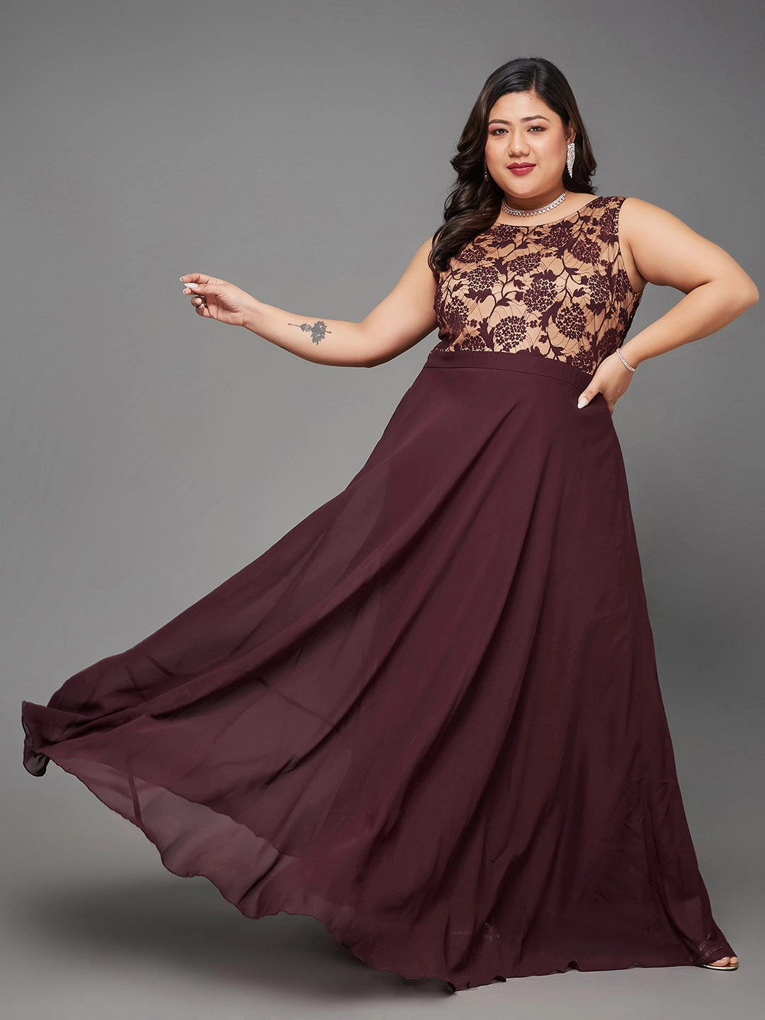 Body Bliss Beige & Wine Georgette Floral Lace Fit & Flare Maxi Dress AntiStaticMaterial Open Design