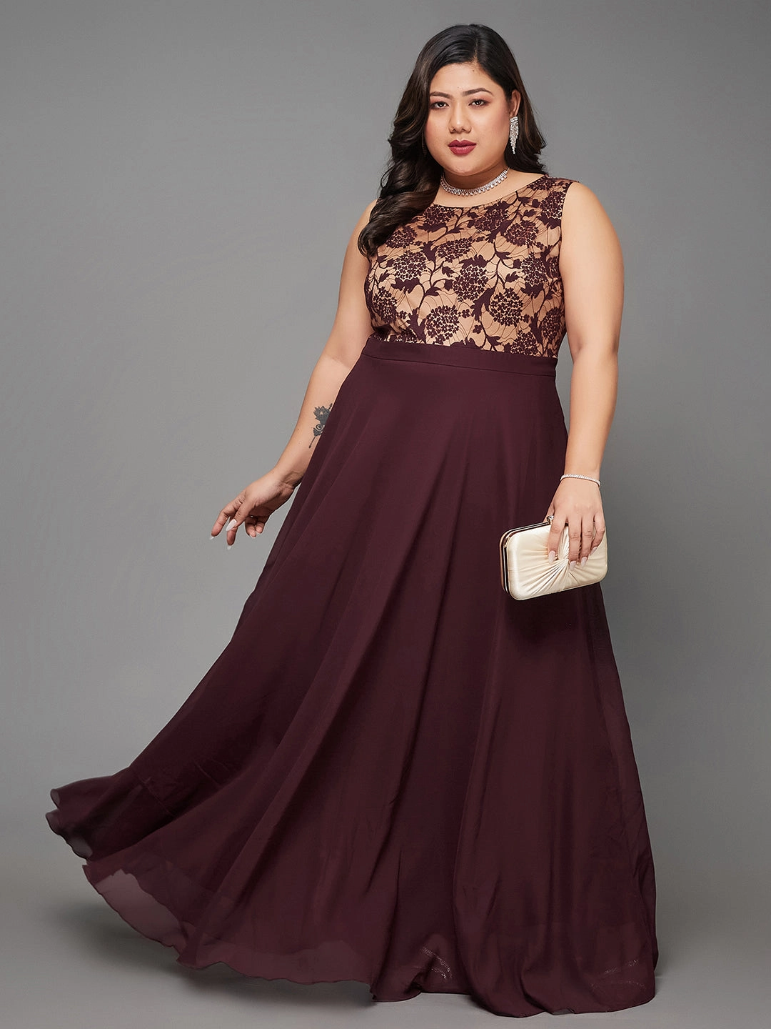 Body Bliss Beige & Wine Georgette Floral Lace Fit & Flare Maxi Dress Fitted waist Bright Mood