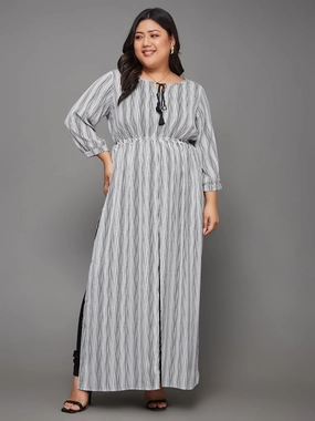 Body Bliss Black & White Striped Tassel Maxi Top Foldable Cuff Design Contrast Topstitching Detail