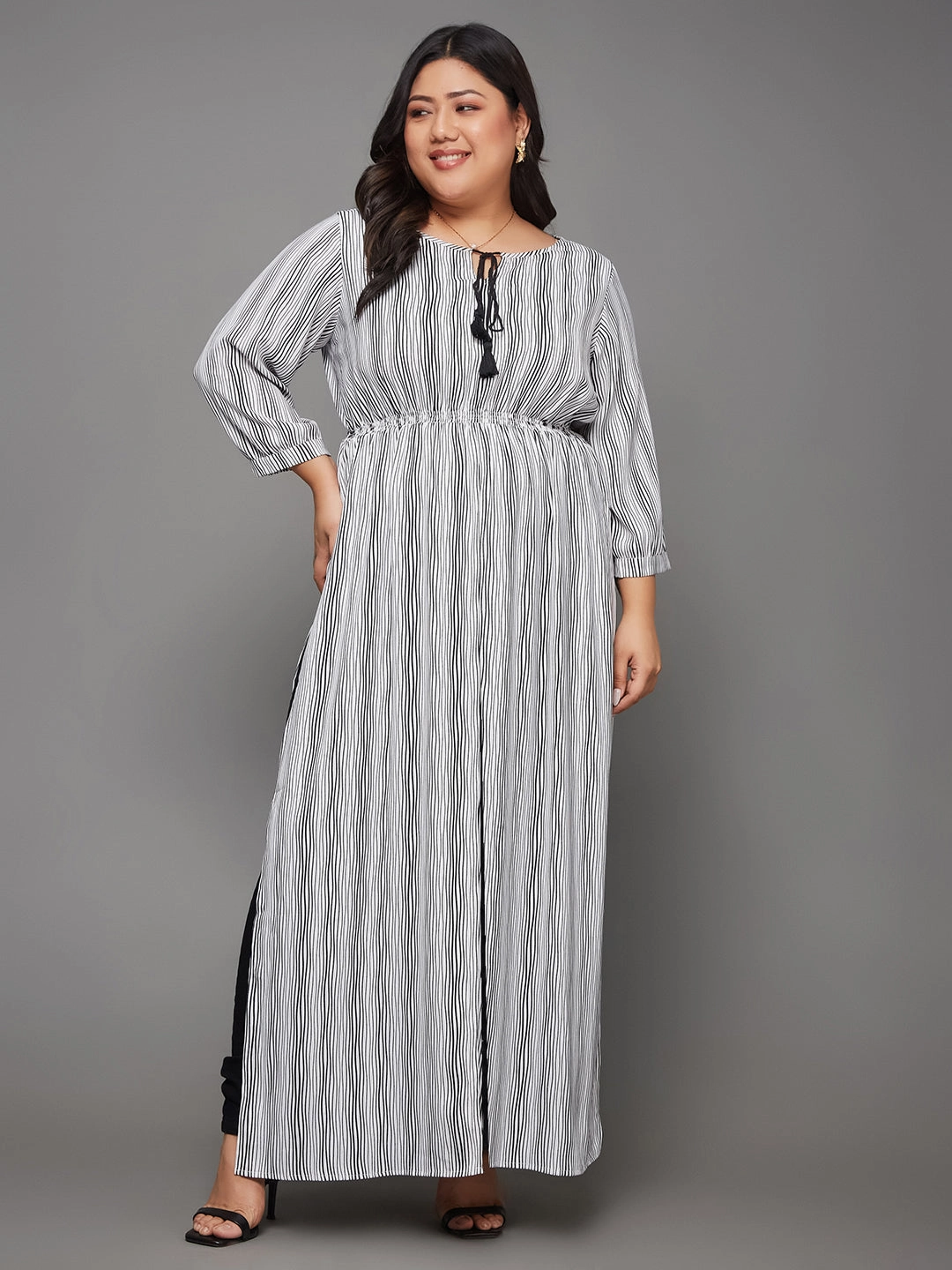 Body Bliss Black & White Striped Tassel Maxi Top Foldable Cuff Design Contrast Topstitching Detail