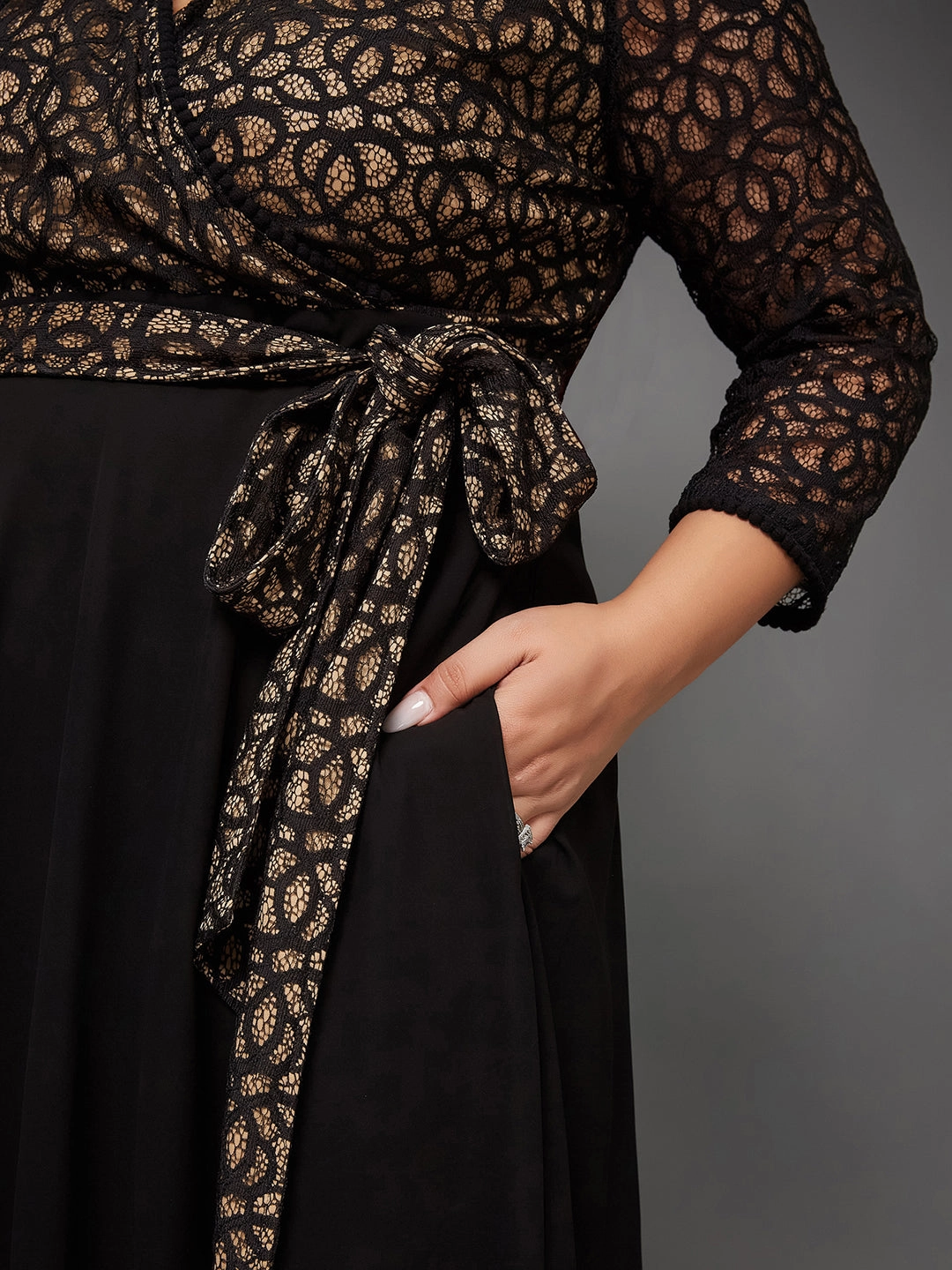 Body Bliss Black Georgette And Lace Maxi Dress Brunch Outfit Scalloped-Edge
